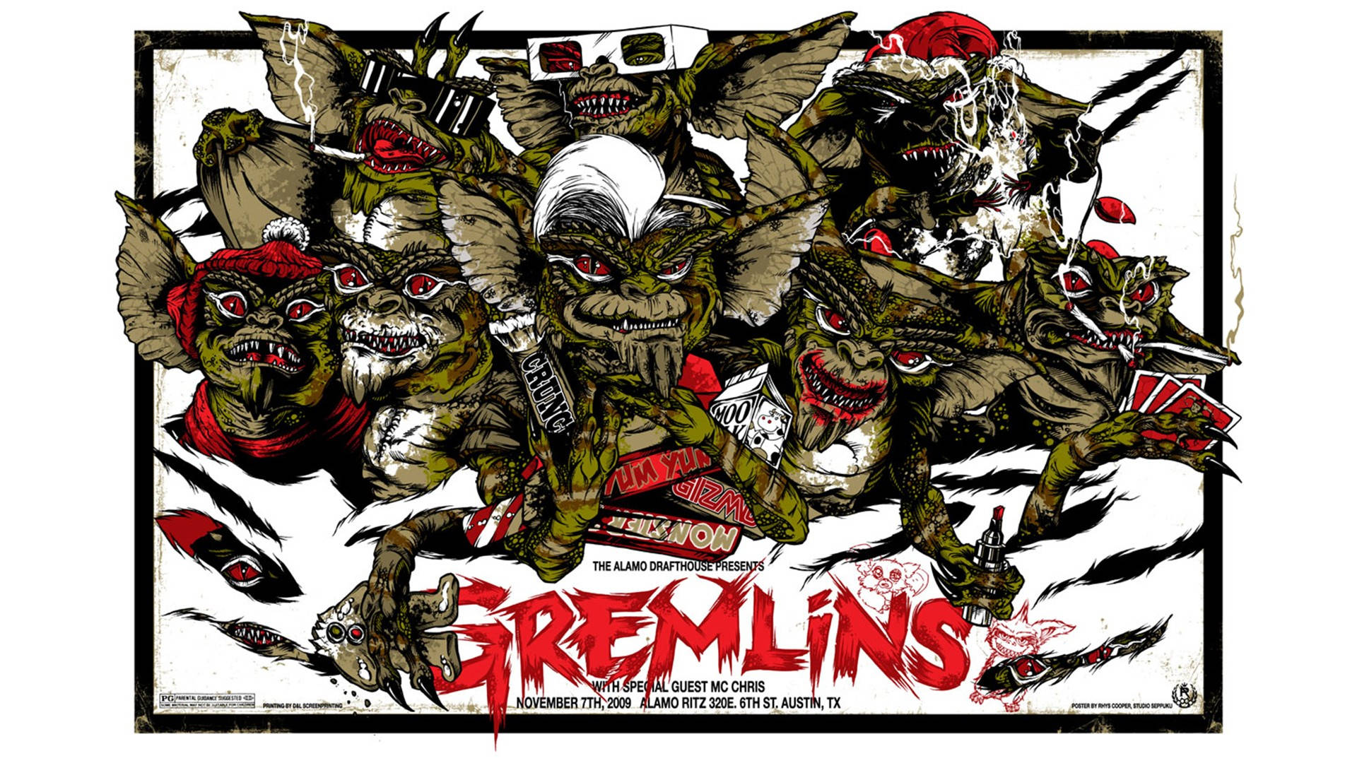 Gremlins 桌布 壁紙 — 一張混亂的塗鴉風格海報，上面有多個帶有紅色眼睛和尖銳牙齒的兇惡小妖精，周圍環繞著城市衰敗元素。