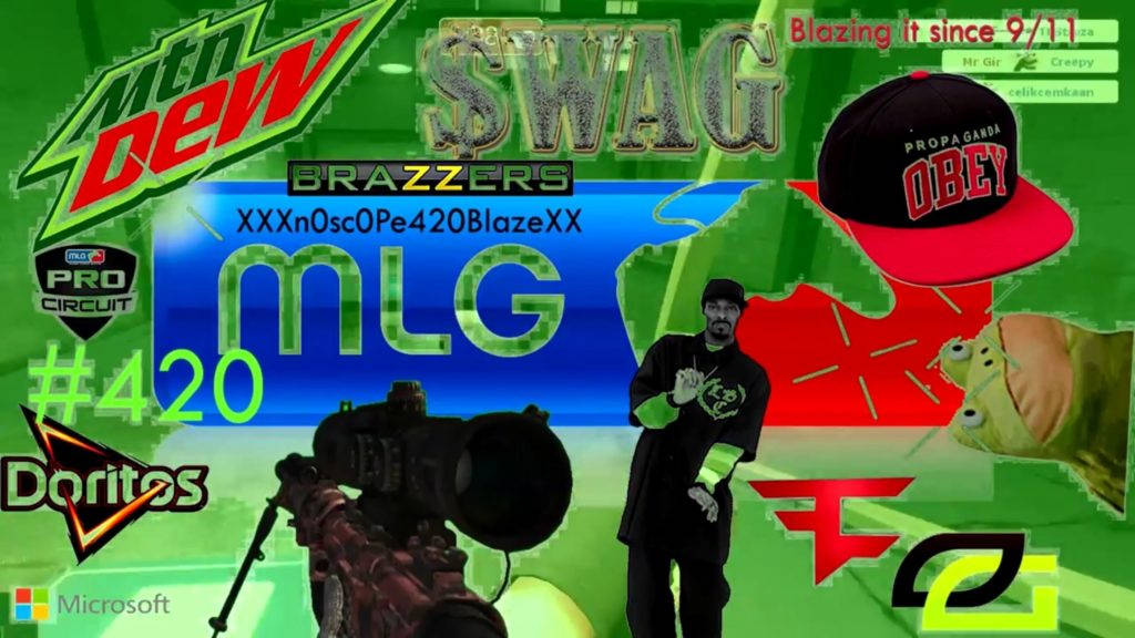 Mlg 桌布 壁紙 — 一張混亂的綠色色調拼貼畫，包含遊戲標誌 MLG Doritos Mountain Dew 和一個手持步槍的黑衣男子。