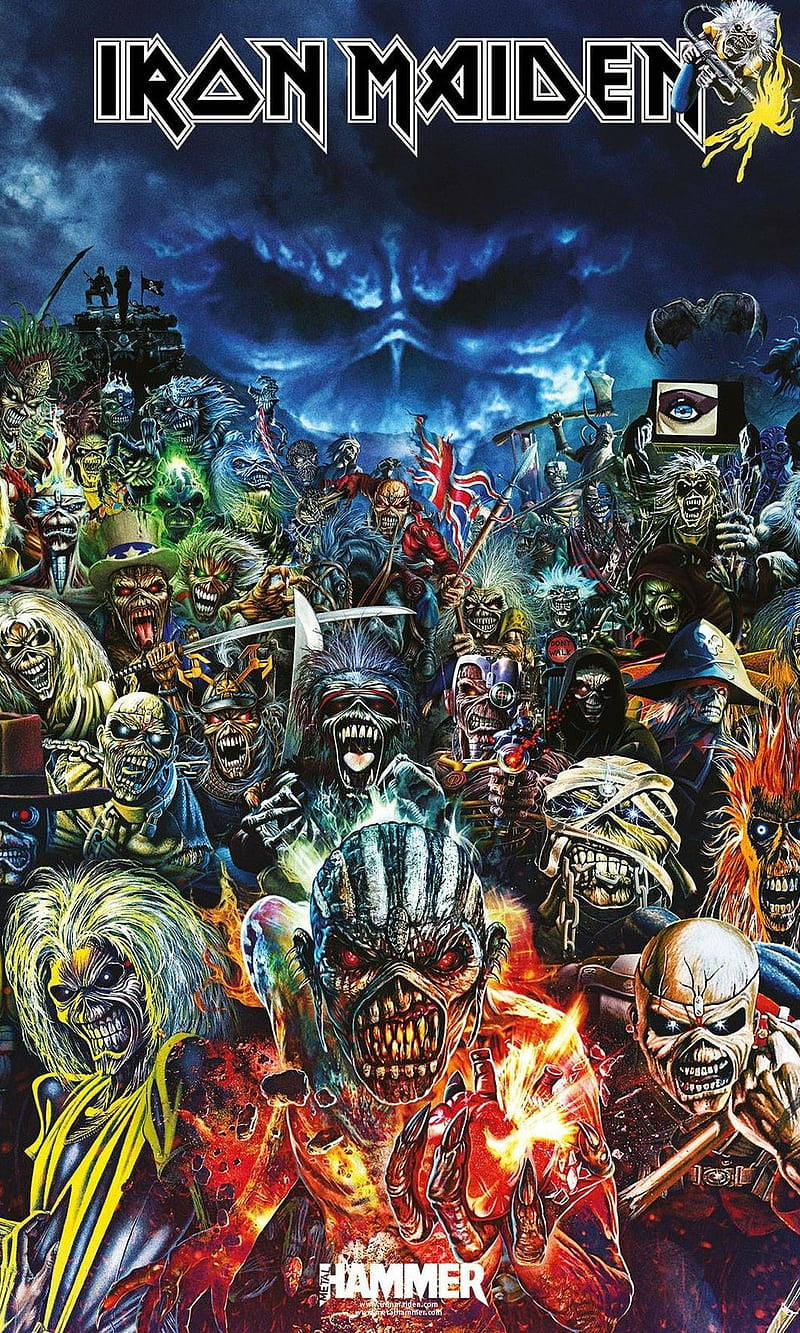 Iron Maiden 桌布 壁紙 — 一張混亂的金屬樂隊海報， featuring Iron Maiden 的吉祥物 Eddie 被惡魔般的人物包圍，背景是暴風雨的天空。