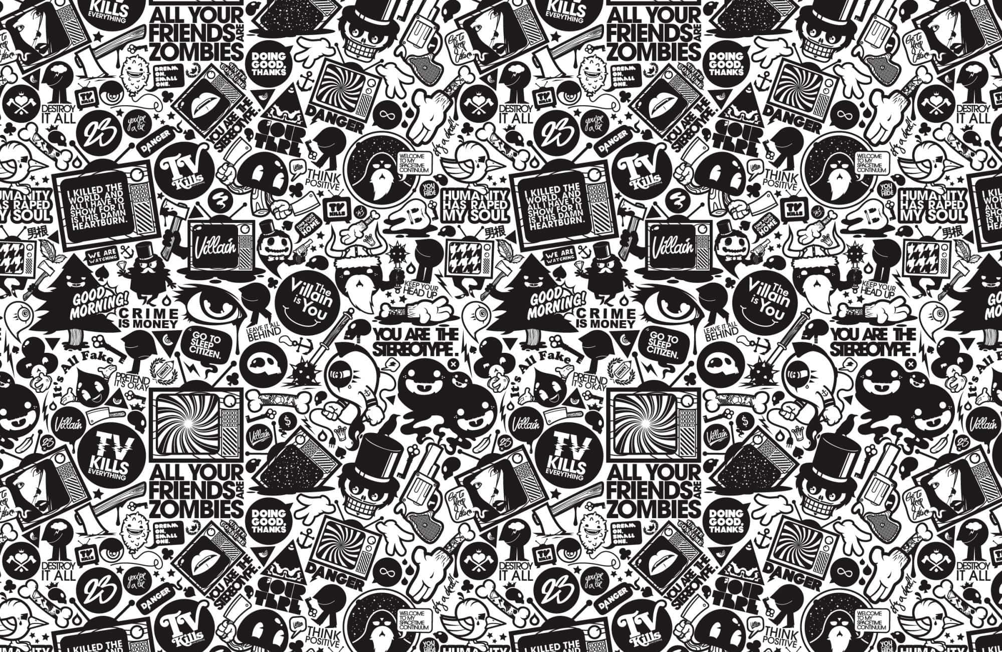 Vintage Cartoon Aesthetic 桌布 壁紙 — 一張混亂的黑白壁紙，充滿重複的殭屍主題貼紙和塗鴉風格文字。