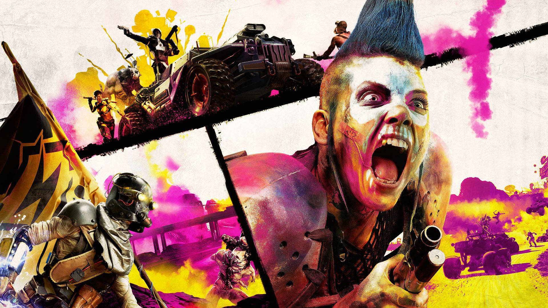 Rage 桌布 壁紙 — 一張混亂而充滿活力的遊戲海報， featuring 一個尖叫的龐克頭、裝甲士兵和咆哮的車輛，在爆炸性的粉紅色和黃色飛濺中。
