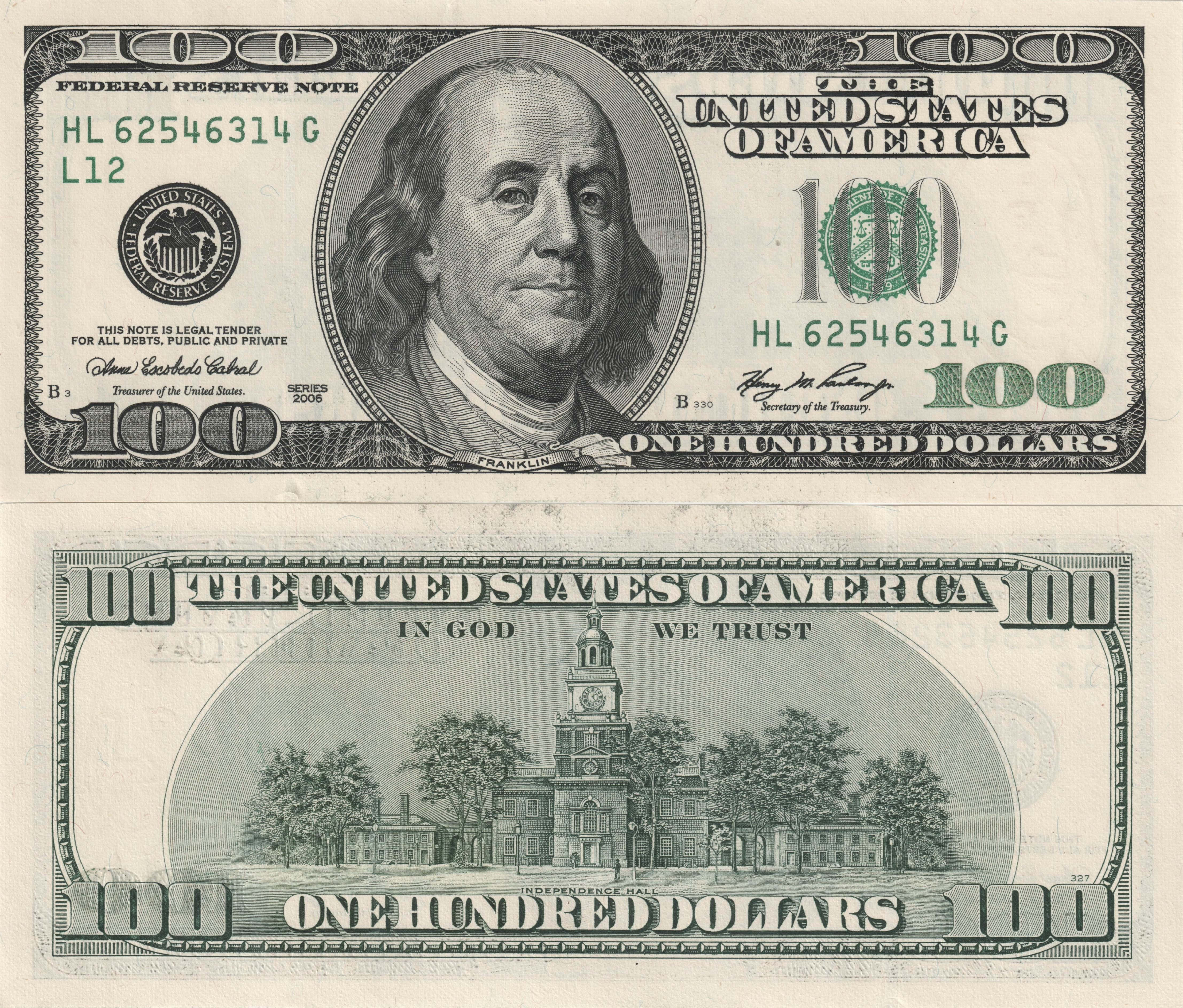 Money 桌布 壁紙 — 一張清晰的美國一百美元鈔票，正面是本傑明·富蘭克林的肖像，背面是獨立廳。