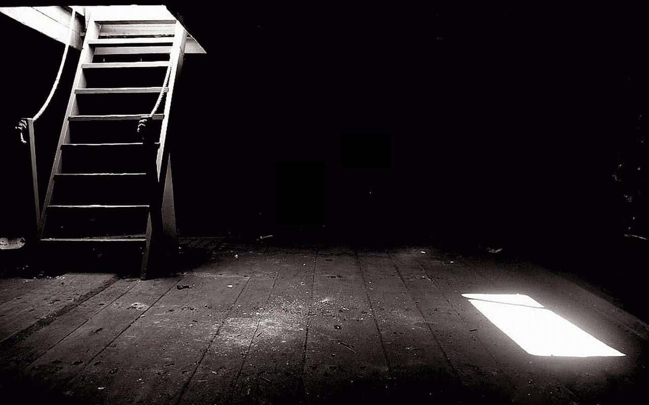 Basement 桌布 壁紙 — 一張清晰的黑白照片，拍攝了深陰影中的木樓梯，一道明亮的矩形光束照亮了地板。