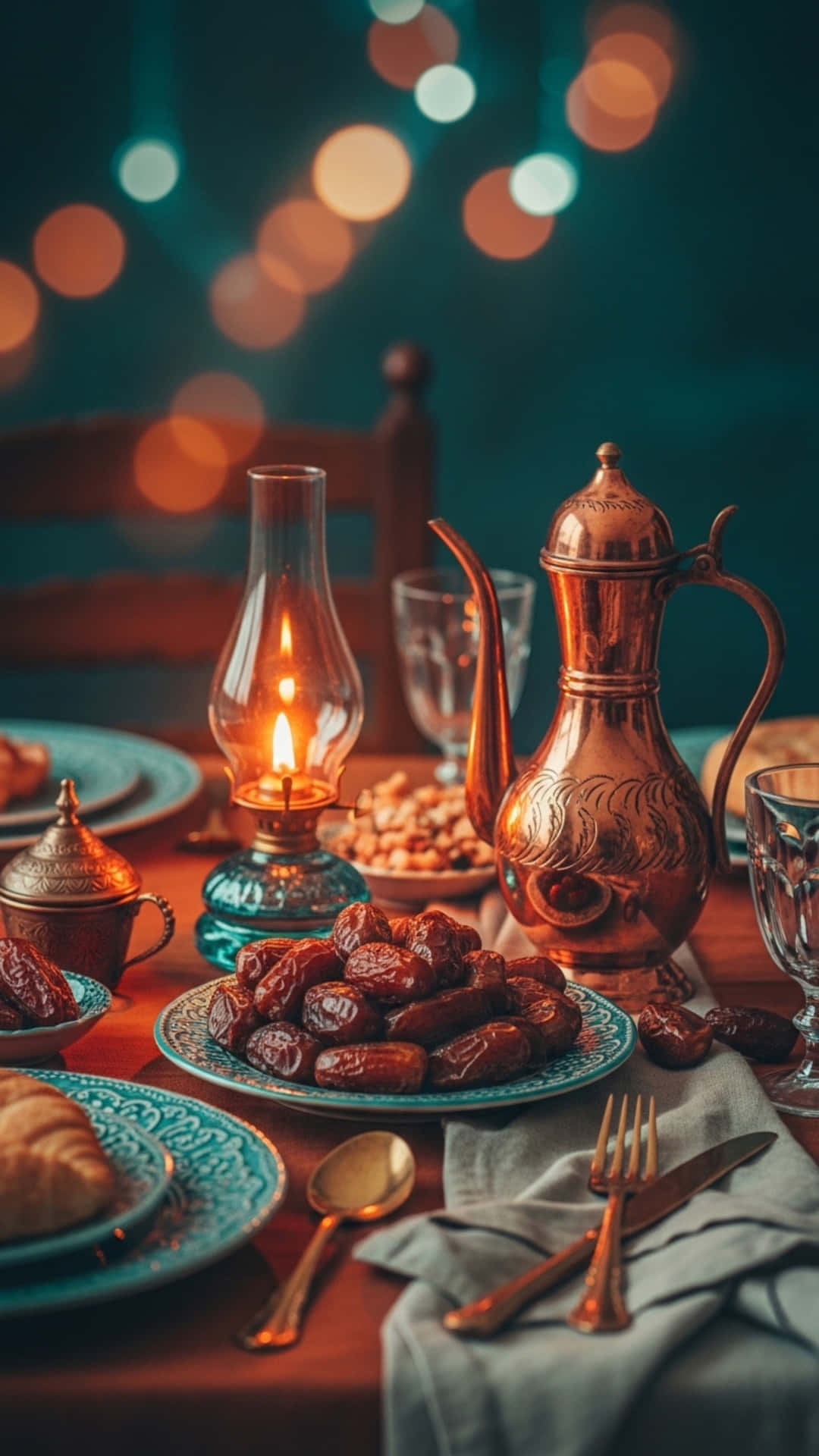Ramadan Background with Crescent Moon, Mosque and Lanterns 壁紙 — 一張溫暖照亮的桌子，上面擺著銅咖啡壺、椰棗、堅果和可頌，背景是散景燈串。