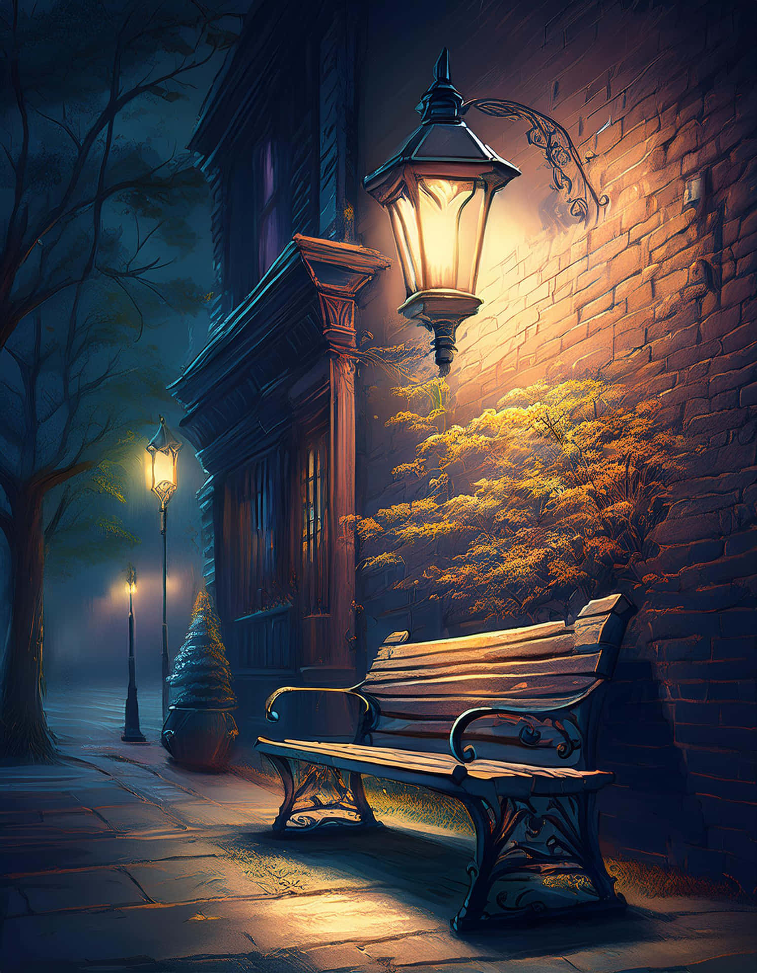 A Quiet Bench Under the Street Lights at Night 壁紙 — 一張溫暖照明的木凳位於發光的街燈下，背景是磚牆，秋葉在夜晚中閃耀。