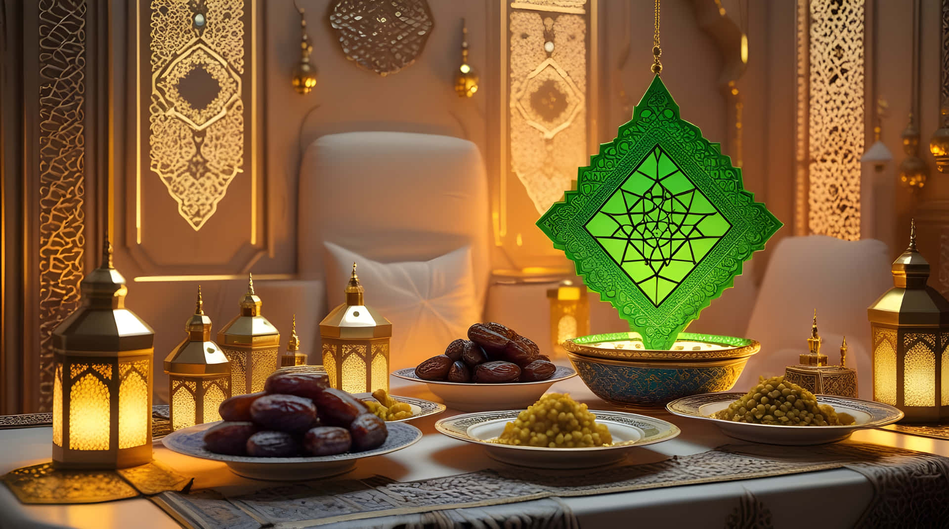 Ramadan karim HD wallpaper 壁紙 — 一張溫暖照明的桌子，裝飾著發光的燈籠、盛有椰棗和堅果的盤子，以及一個掛在華麗金色牆壁上的綠色幾何燈籠。