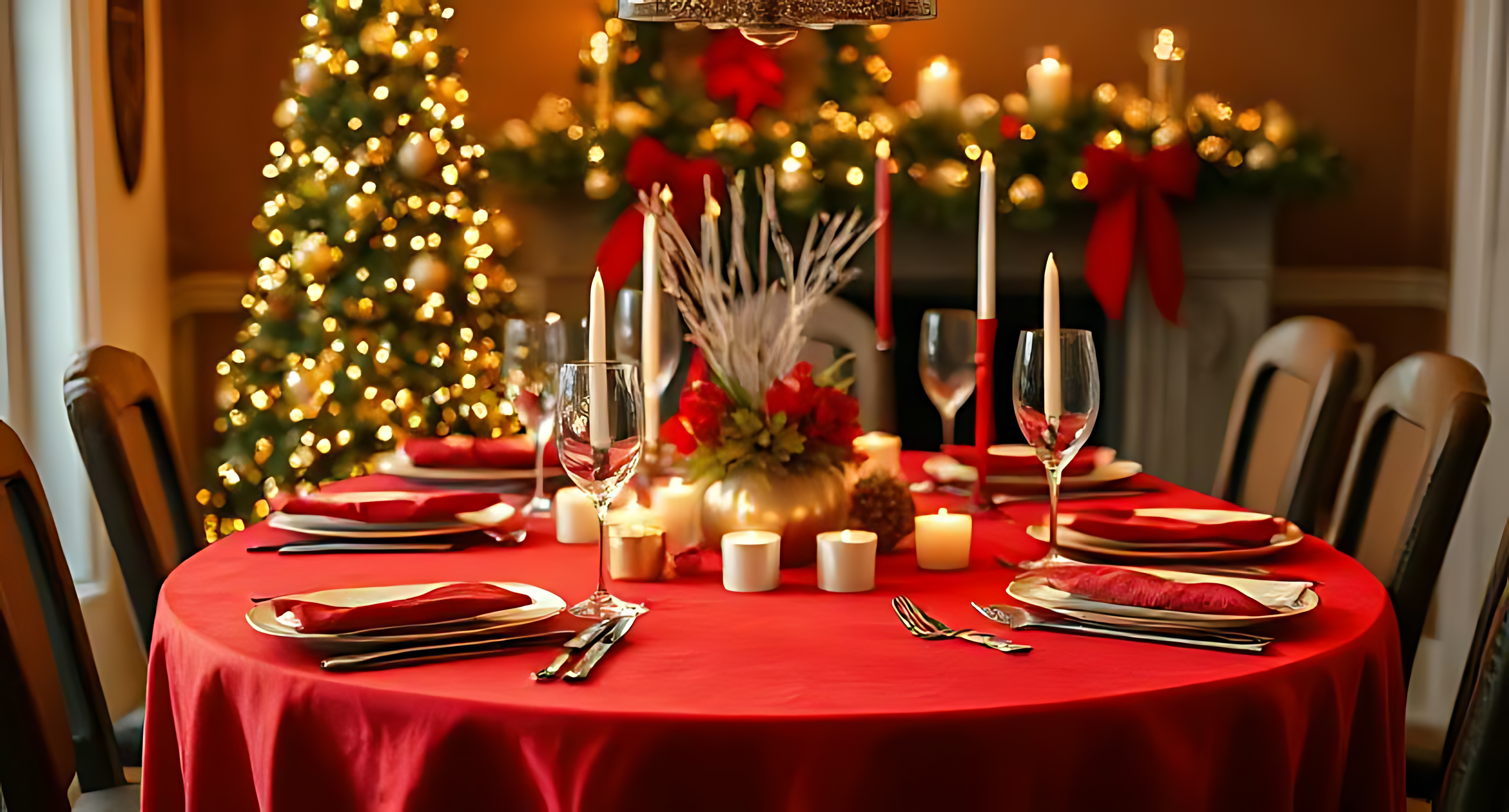 Dinner Table 桌布 壁紙 — 一張溫暖照明的餐桌，鋪上紅布，擺設了節日大餐，背景有蠟燭和裝飾好的聖誕樹。