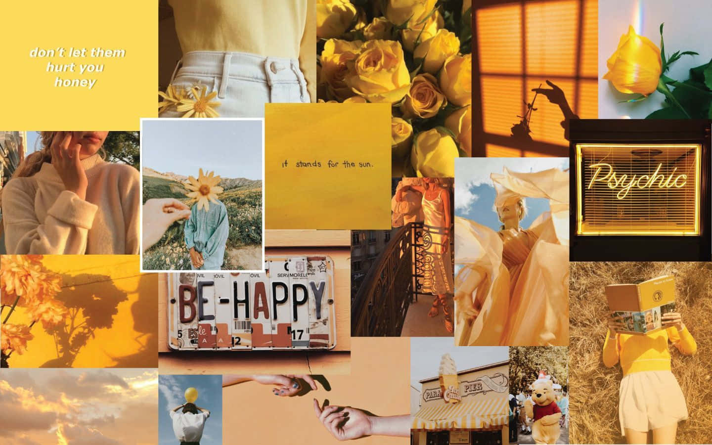 Yellow Aesthetic Collage 桌布 壁紙 — 一張溫暖黃色調的照片拼貼，包含花朵、人物、名言和復古標誌，營造懷舊而振奮人心的氛圍。