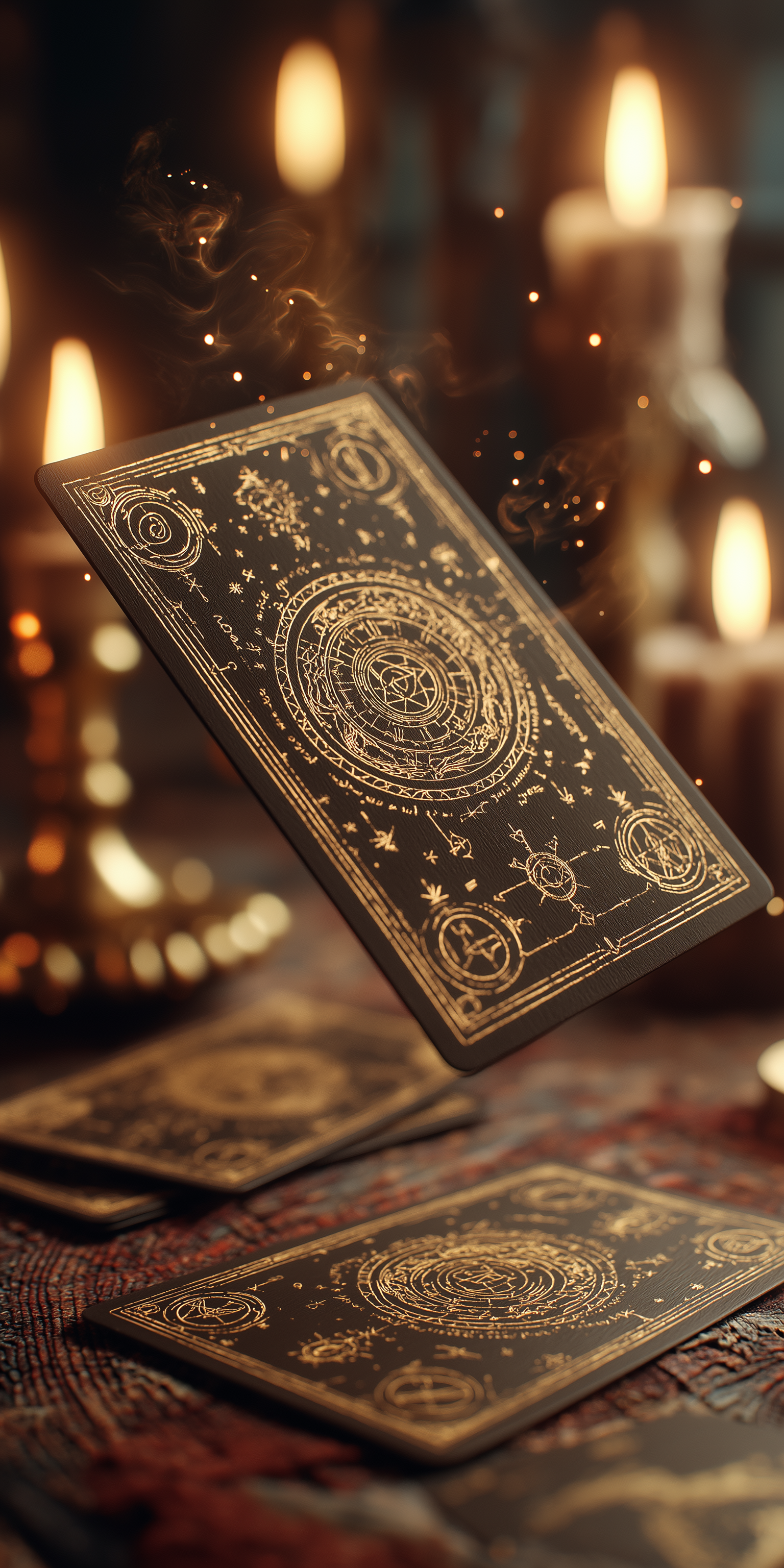 Cards 桌布 壁紙 — 一張漂浮的華麗塔羅牌，帶有金色占星符號，在一堆牌上方發光，背景是溫暖的燭光和旋轉的煙霧。