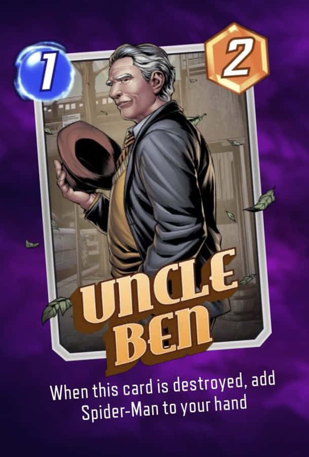Uncle Ben 桌布 壁紙 — 一張漫畫書卡， featuring 班叔在紫色背景中拿著帽子，周圍有落葉。