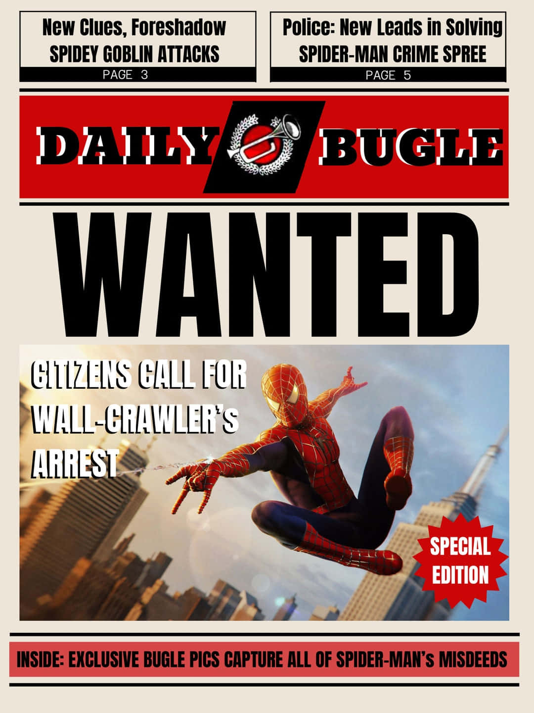 Daily Bugle 桌布 壁紙 — 一張漫畫風格的蜘蛛俠通緝海報，他在城市天際線上方擺盪，配有粗體標題和報紙排版。
