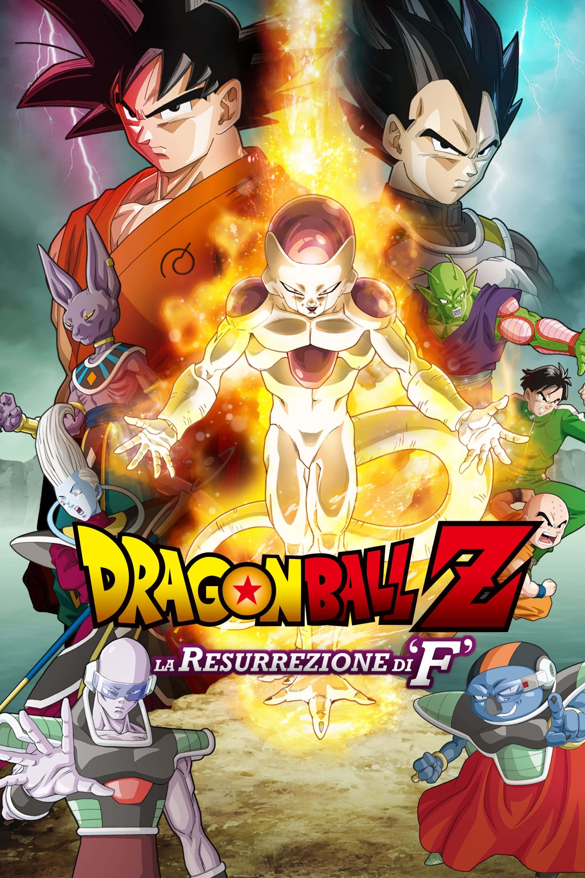 Dragon Ball Movies 桌布 壁紙 — 一張火熱的動畫海報， featuring 悟空、達爾和弗利沙，周圍環繞著其他七龍珠Z角色，擺出動態戰鬥姿勢。