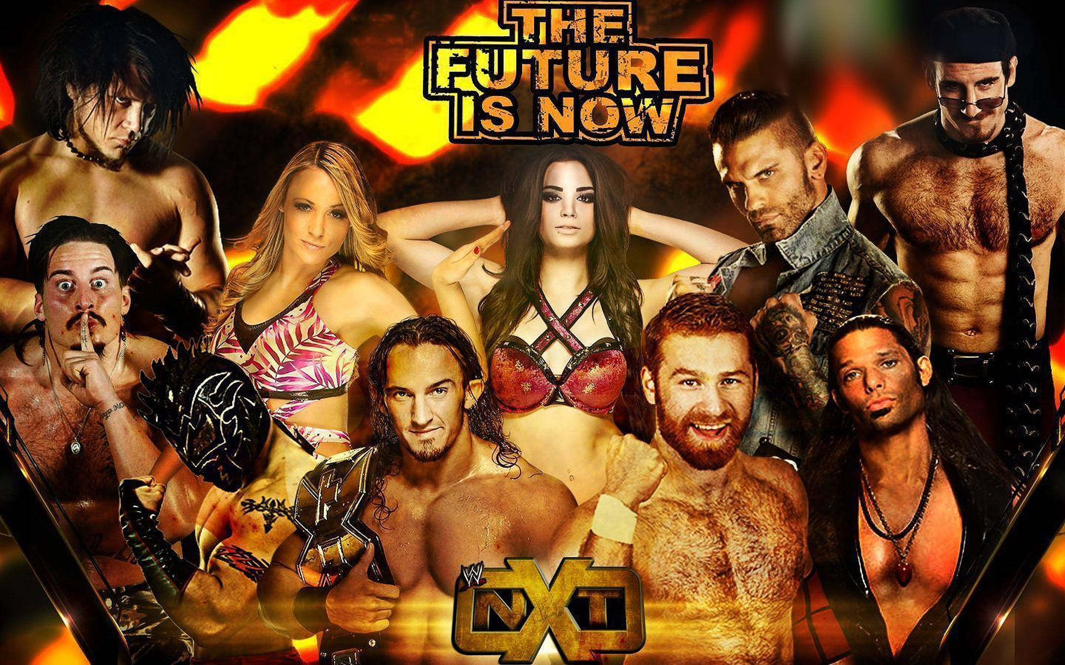 nxt 桌布 壁紙 — 一張火熱的宣傳拼貼畫，WWE NXT 摔角手在熾熱的橙色和黃色背景前自信地擺姿勢。