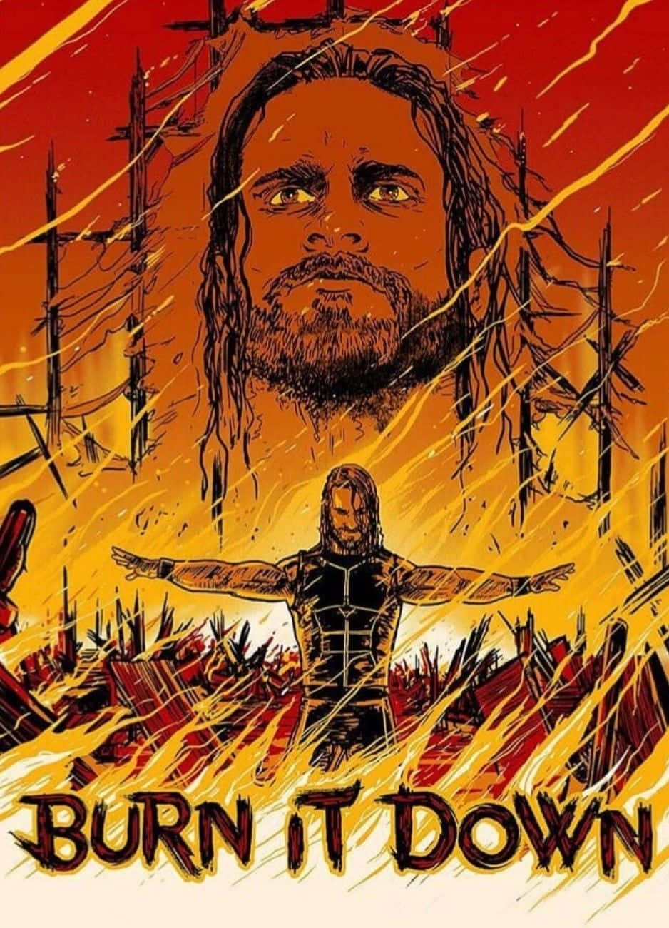 WWE 桌布 壁紙 — 一張火熱的插圖海報，描繪一個鬍鬚男在紅色天空下，於火焰和破損建築中張開雙臂。