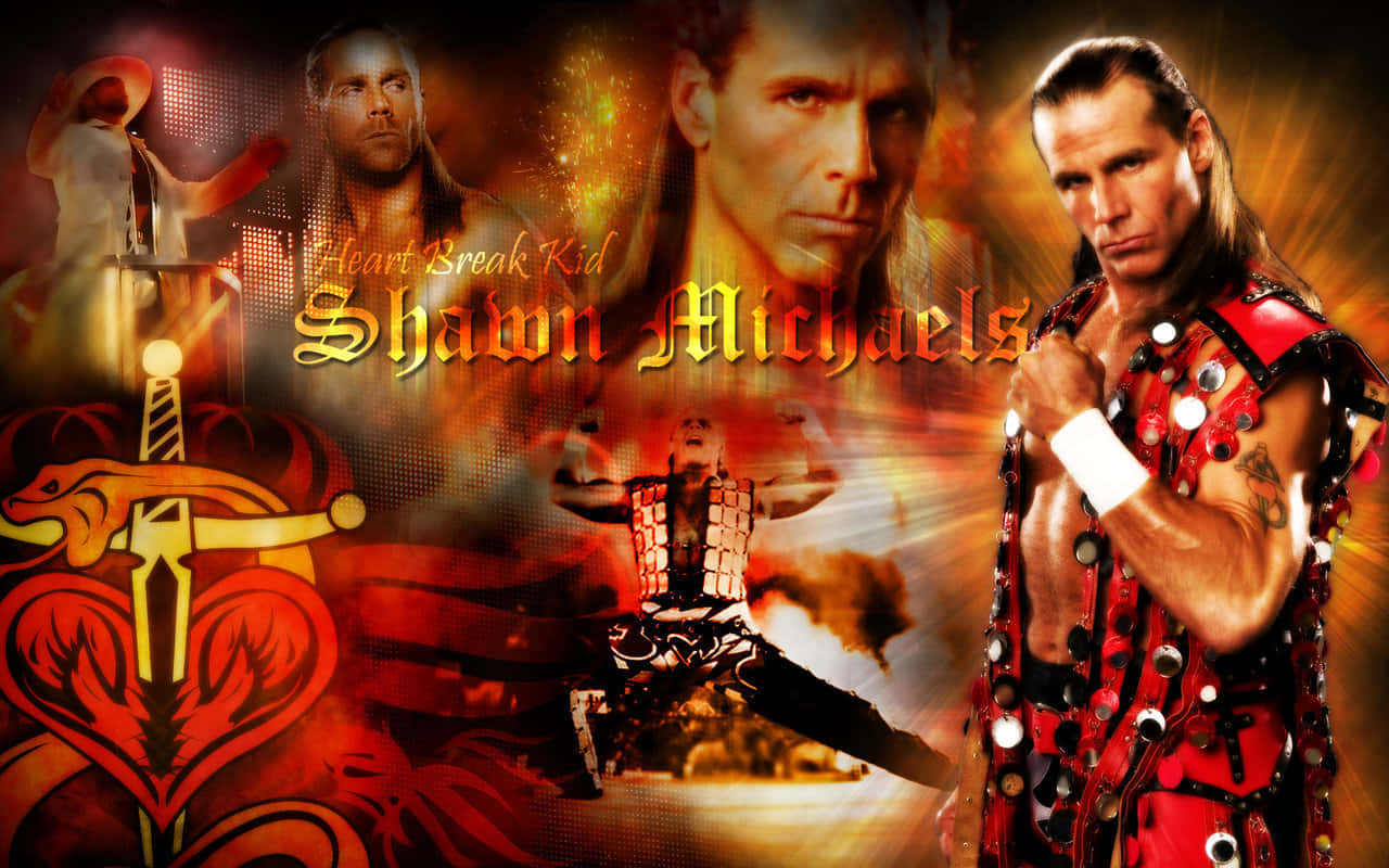 shawn michaels 桌布 壁紙 — 一張火熱的摔角壁紙， featuring Shawn Michaels 穿著他標誌性的紅色服裝，搭配戲劇性的燈光和心形圖案。