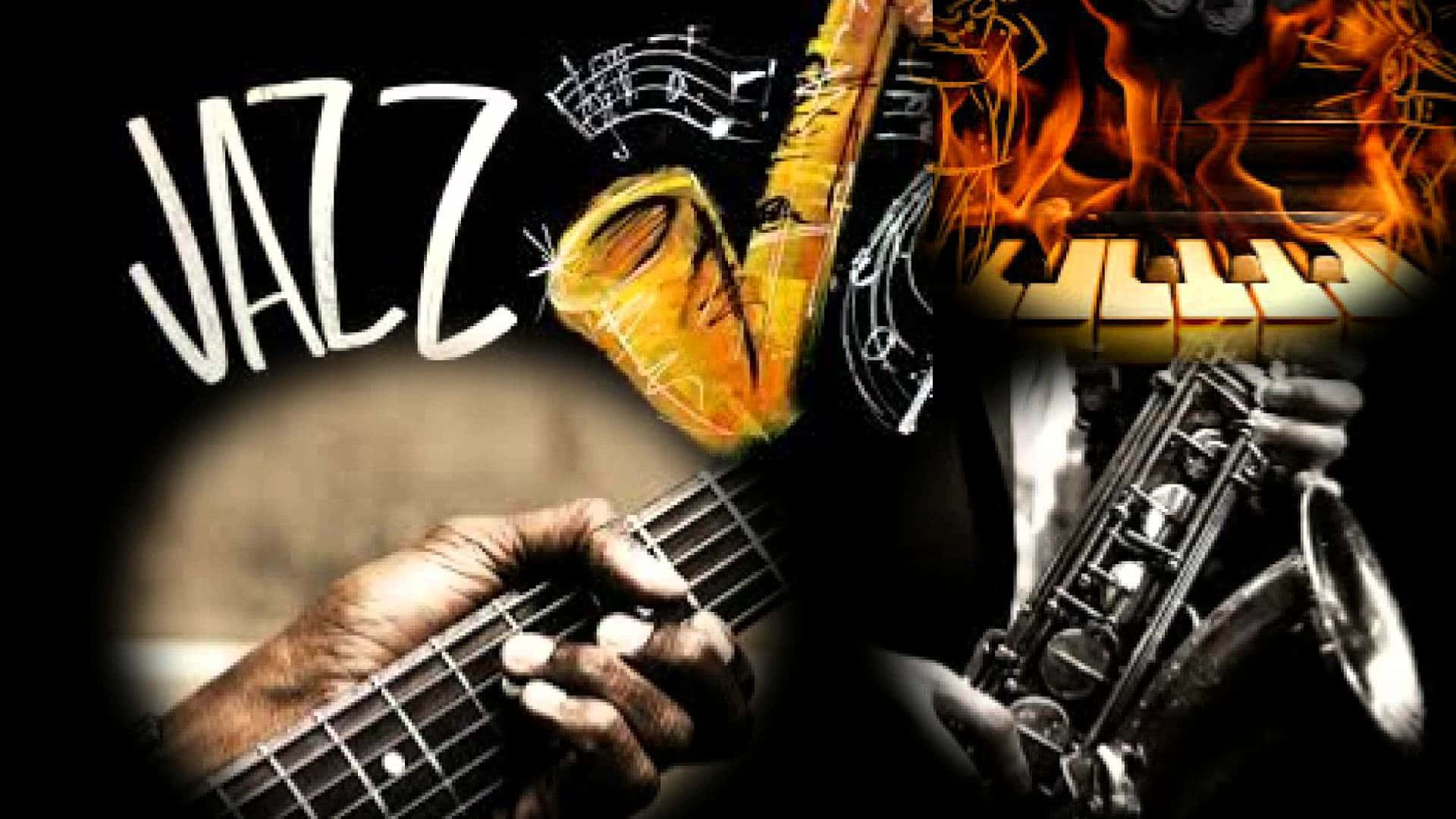 Jazz 桌布 壁紙 — 一張火熱的爵士拼貼畫，包含手在吉他、薩克斯風、鋼琴鍵和音符，背景為深色。