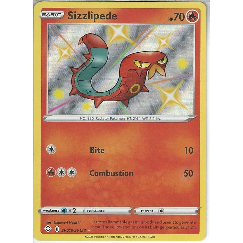 Pokemon Aesthetic 桌布 壁紙 — 一張火紅與青綠色的Sizzlipede寶可夢卡，帶有發光的黃色星星和動態能量線。