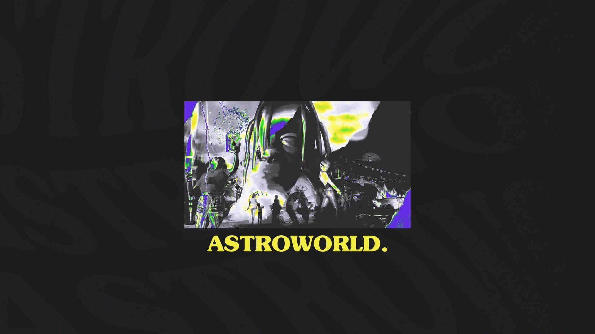 Astroworld 桌布 壁紙 — 一張為 'ASTROWORLD' 設計的風格化數位藝術海報，特色是霓虹燈照亮的人物和一個巨大的臉孔，背景為深色。