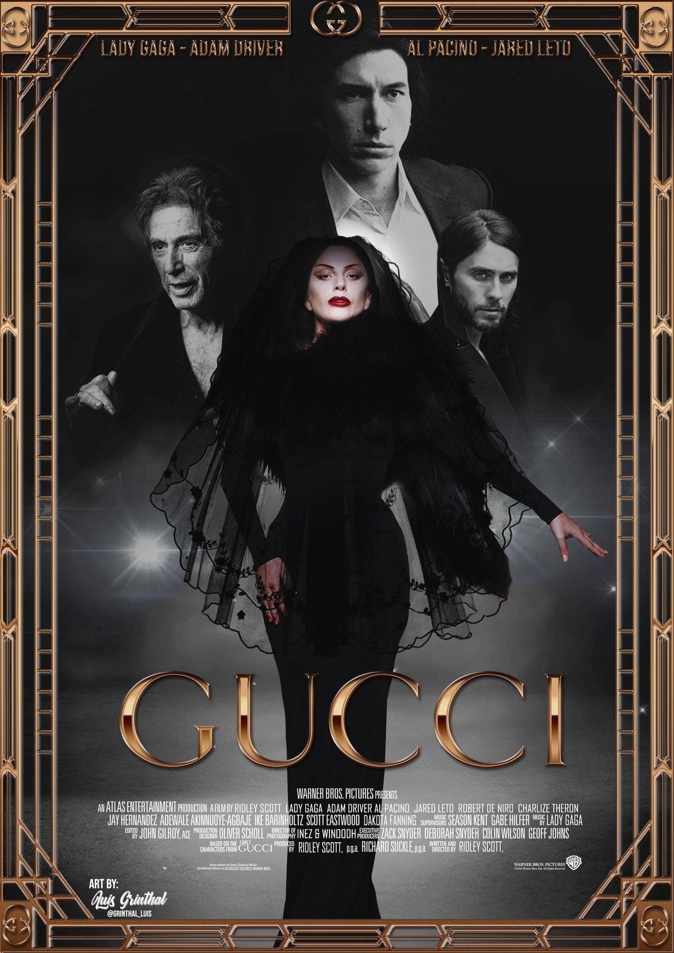 Gucci電影海報，Lady Gaga與演員以黑金配色呈現。 — Gucci 之家 壁紙