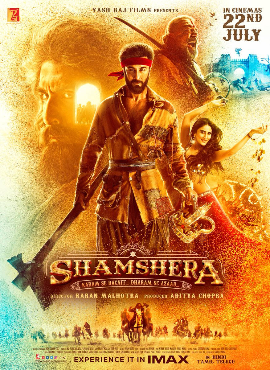電影動圖 桌布 壁紙 — 一張為《Shamsher》設計的火熱電影海報，展示一位留鬍子的戰士手持斧頭和劍、一位跳舞的女子，以及一個幽靈般的面孔，背景為金橙色。
