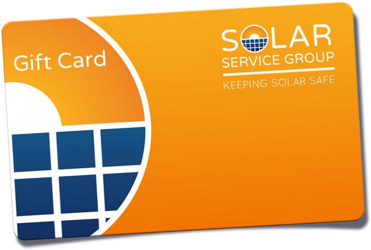 橘色 桌布 壁紙 — 一張為 Solar Service Group 設計的鮮豔橙色禮品卡，帶有藍色太陽能板圖案和白色文字。