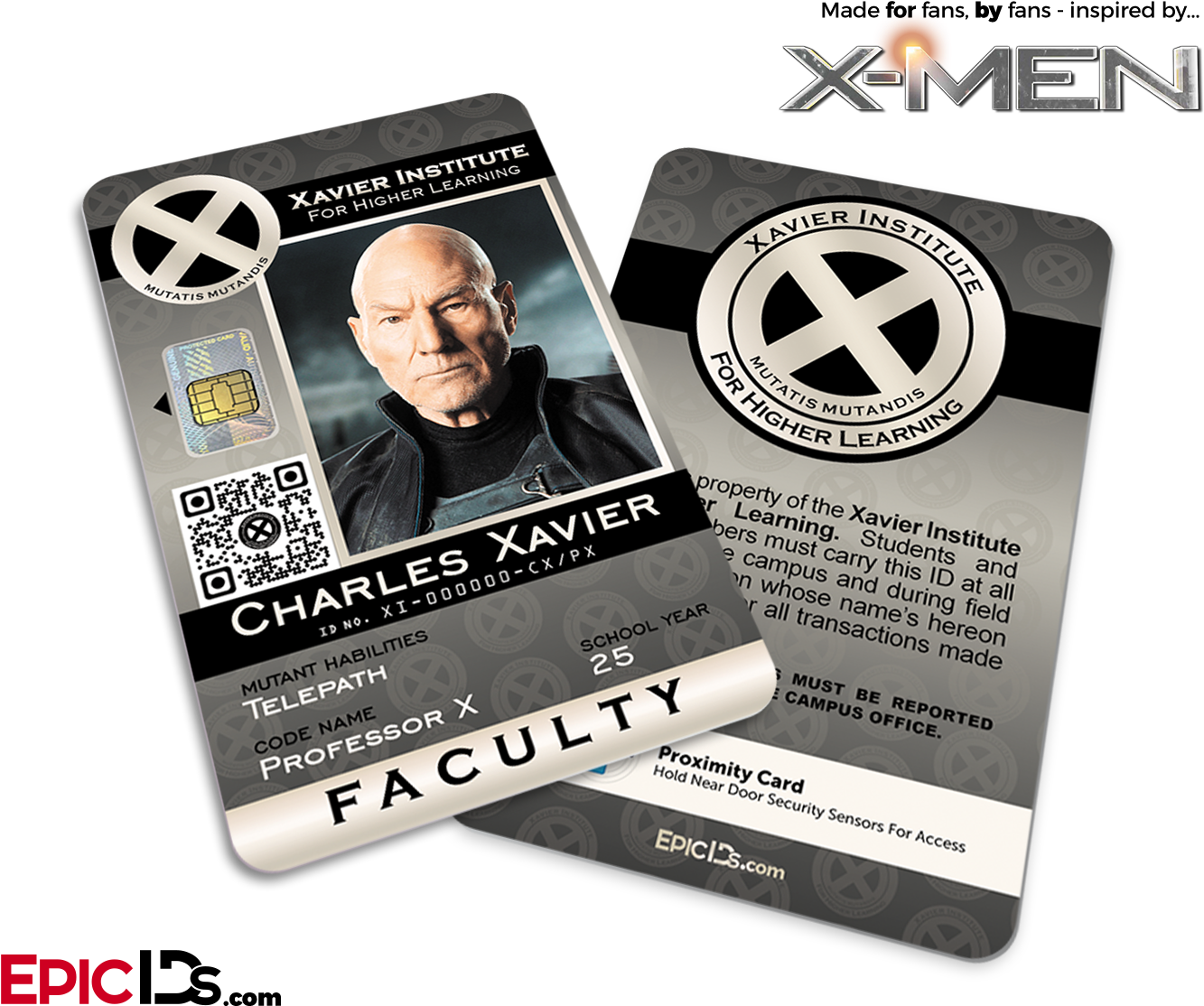 Learning 桌布 壁紙 — 一張為 X-Men 的 Charles Xavier 設計的時尚未來風格身份證，在深色背景上展示他的肖像、變種人能力和教職稱號。