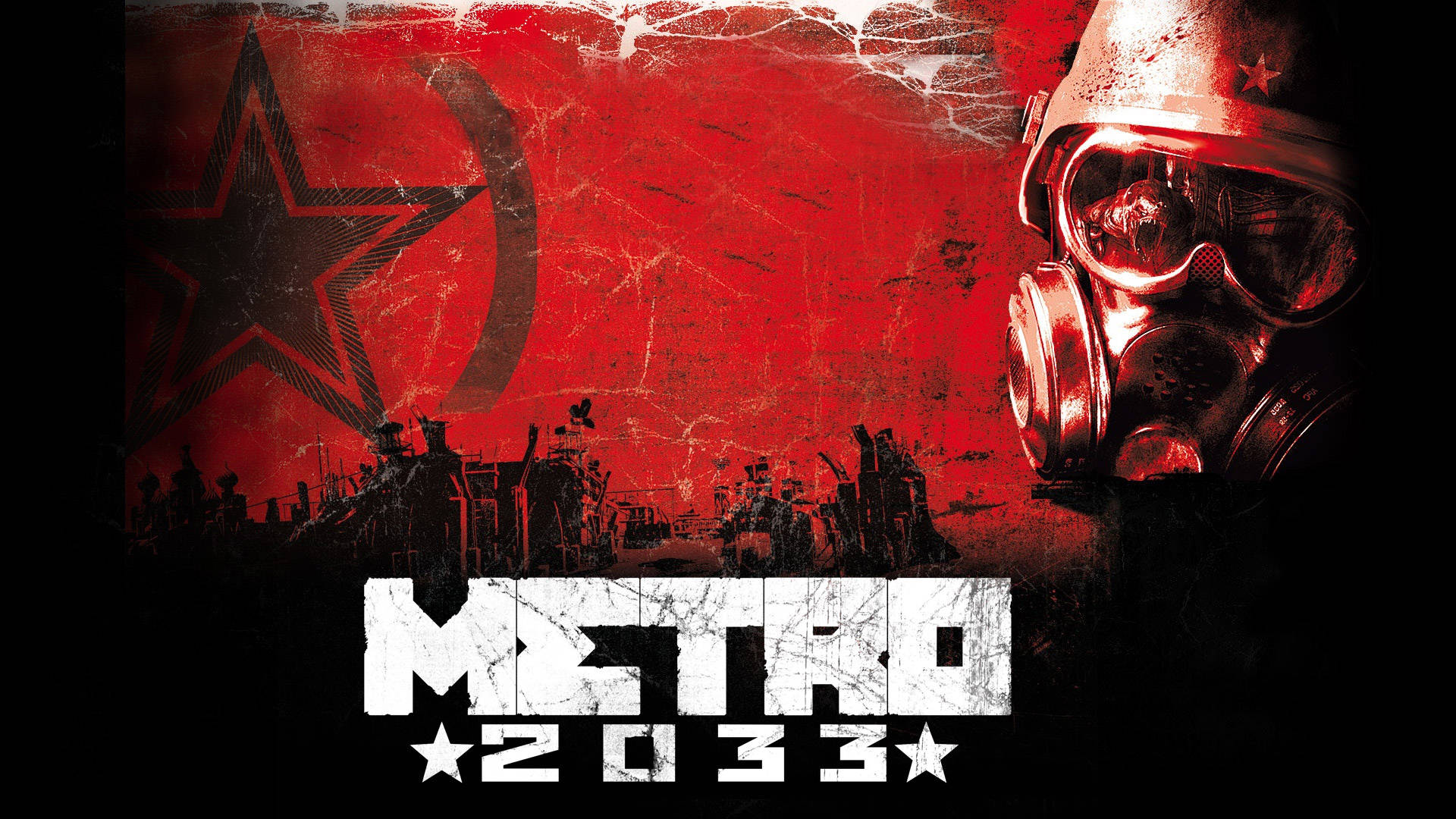 Metro 2033 桌布 壁紙 — 一張為《地鐵：離去》而設的粗糙紅色調海報，以一個戴著防毒面具的人物襯托著正在崩裂的蘇聯國旗背景。