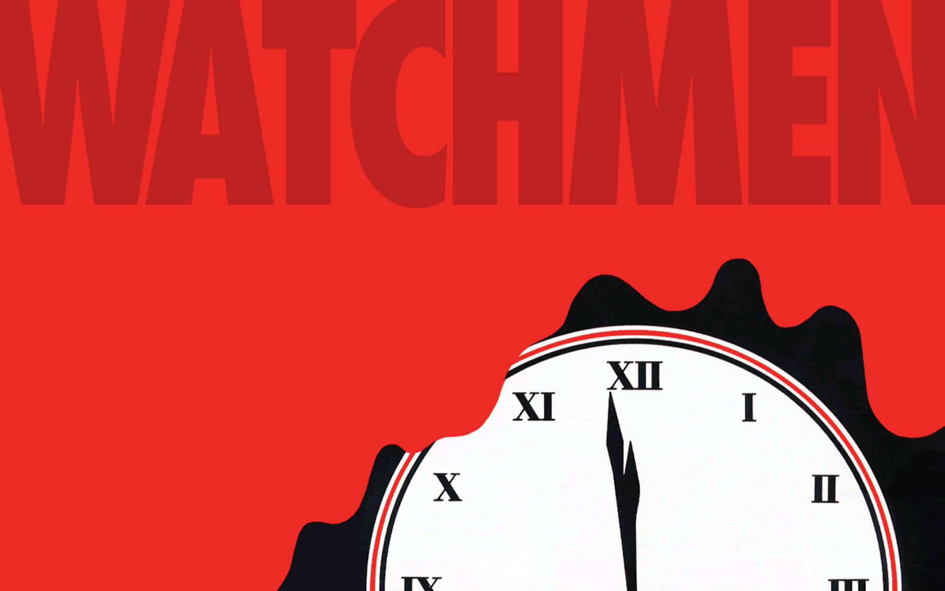 Watchmen 桌布 壁紙 — 一張為《守護者》設計的大膽紅色海報，在鮮紅色背景上展示了一個帶有羅馬數字的融化時鐘。