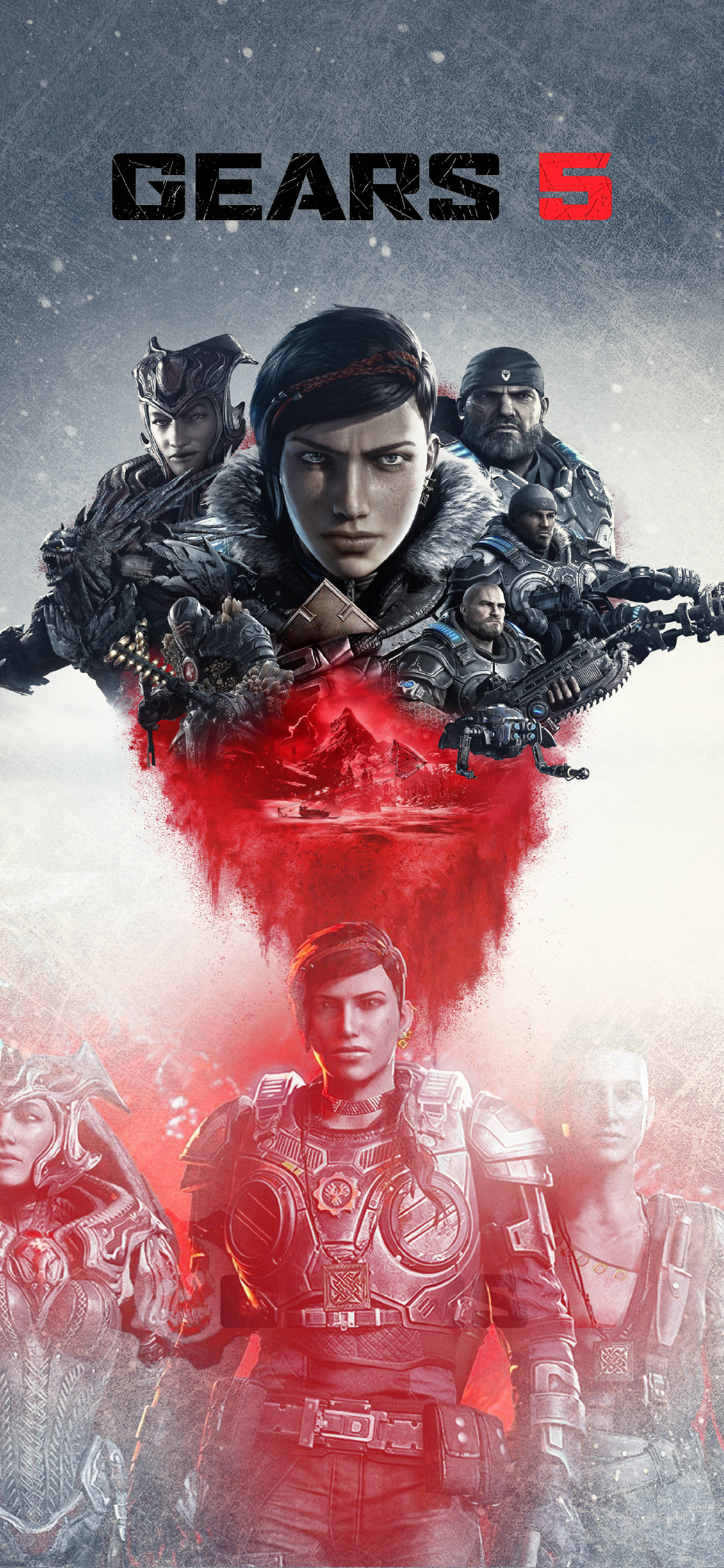 軍隊 桌布 壁紙 — 一張為《戰爭機器5》設計的戲劇性遊戲海報，展示身穿裝甲的戰士，在暴風雨般的灰色天空下帶有紅色血跡般的飛濺。