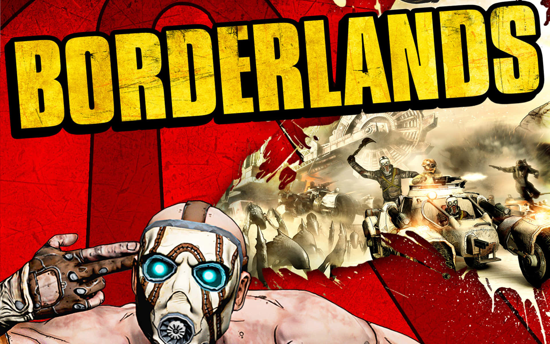 Borderlands 桌布 壁紙 — 一張為《邊緣禁地》設計的粗獷數位藝術海報，特色是一個戴面具的角色，眼睛發光，指向觀看者，背景是混亂的戰鬥場景。