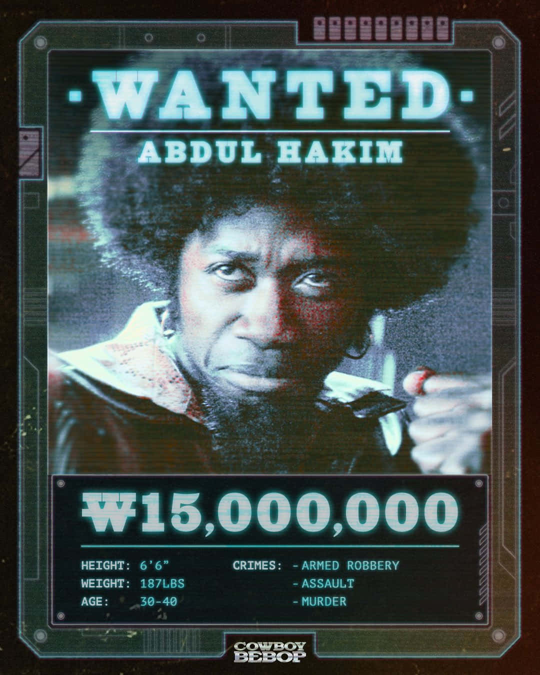 Cowboy Bebop Abdul Hakim 桌布 壁紙 — 一張為Abdul Hakim設計的復古未來主義通緝海報，帶有發光霓虹文字和粗糙的數位故障效果。