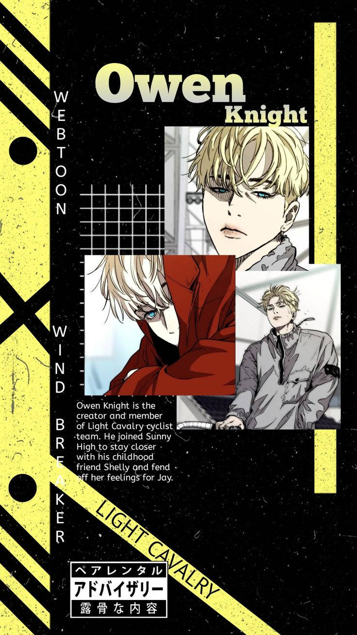 Wind 桌布 壁紙 — 一張為Owen Knight設計的風格化動畫海報，黑色背景上呈現三個插圖肖像，搭配大膽的黃色幾何裝飾和文字。