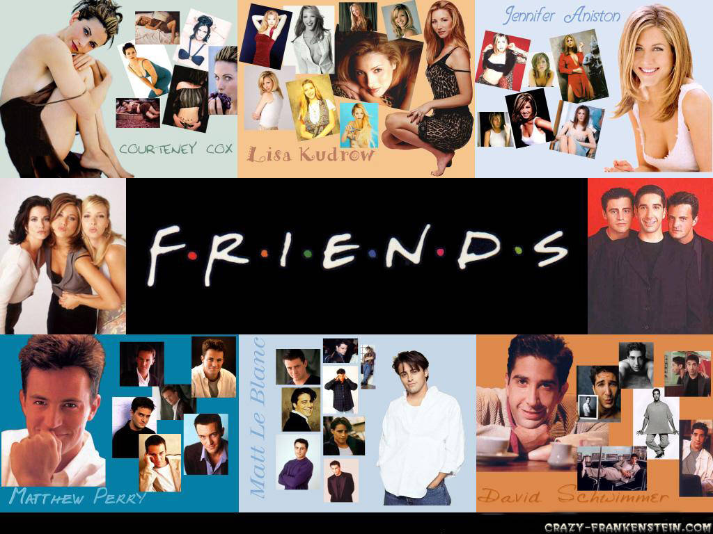 Friends 桌布 壁紙 — 一張照片拼貼，展示《六人行》演員陣容，附有他們的名字和節目標誌性標誌居中。