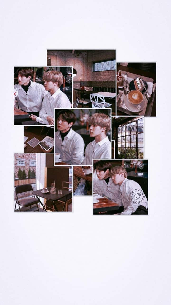 Jikook 桌布 壁紙 — 一張照片拼貼，展示兩名年輕男子在咖啡館裡，有咖啡飲品和磚牆。