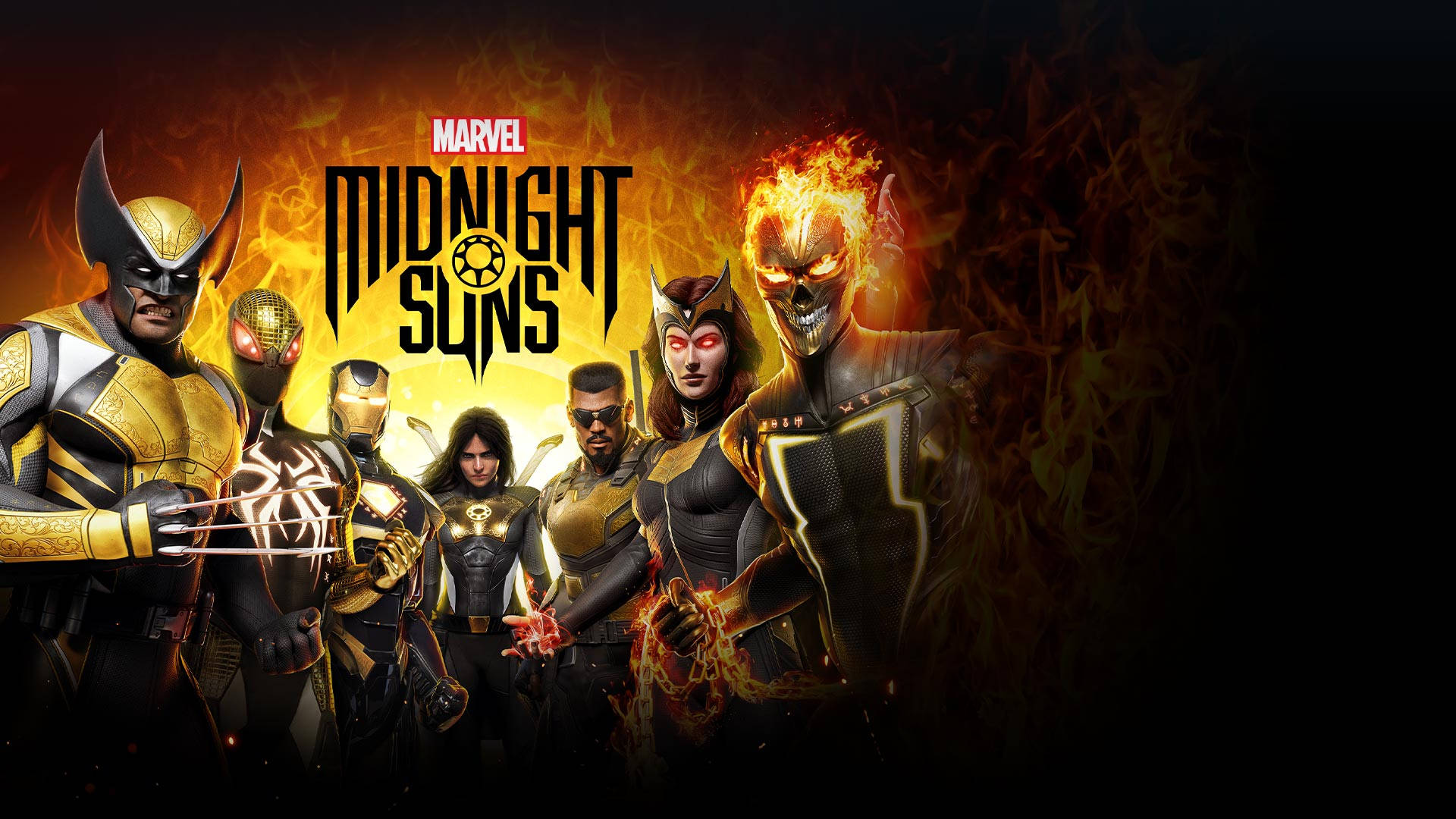火焰動畫 桌布 壁紙 — 一張熾熱的 Marvel Midnight Suns 遊戲海報， featuring Wolverine、Ghost Rider 和其他英雄穿著金色盔甲，背景是熾熱的橙色。