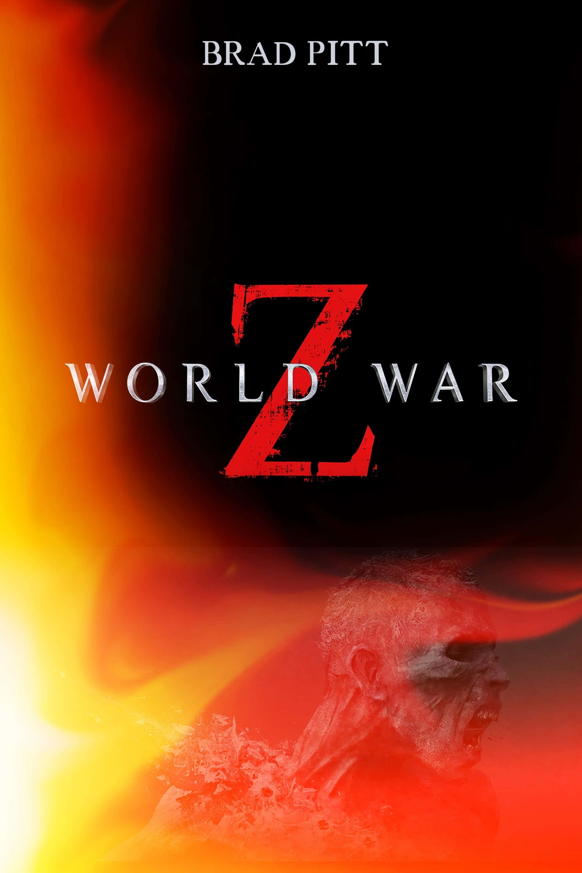 World War Z 桌布 壁紙 — 一張熾熱的《World War Z》電影海報，布萊德彼特主演，殭屍臉孔從火焰中浮現。