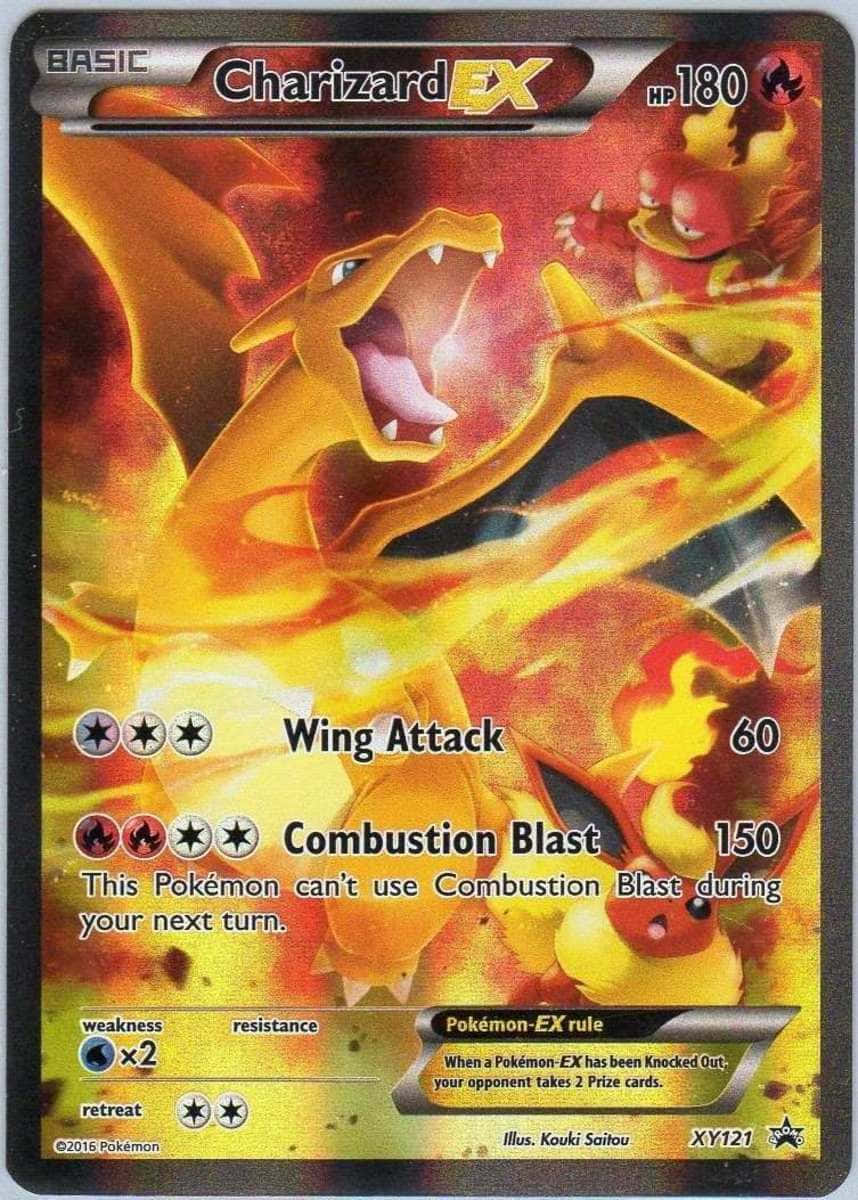 Charizard Pokemon 桌布 壁紙 — 一張熾熱的噴火龍EX寶可夢卡牌在發光的橙色和紅色背景前咆哮噴火。