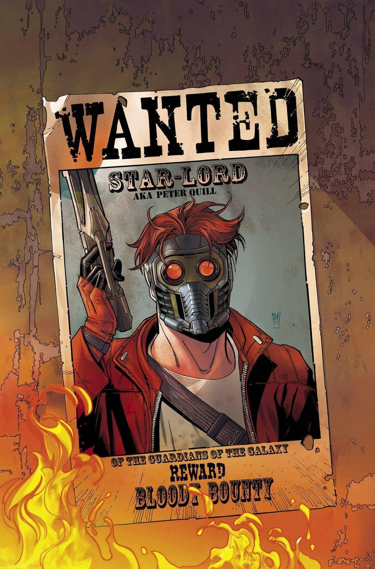 Star Lord 桌布 壁紙 — 一張熾熱的星爵（來自《星際異攻隊》）通緝海報，帶有發光的橙色眼睛和紅色外套，背景燒焦。