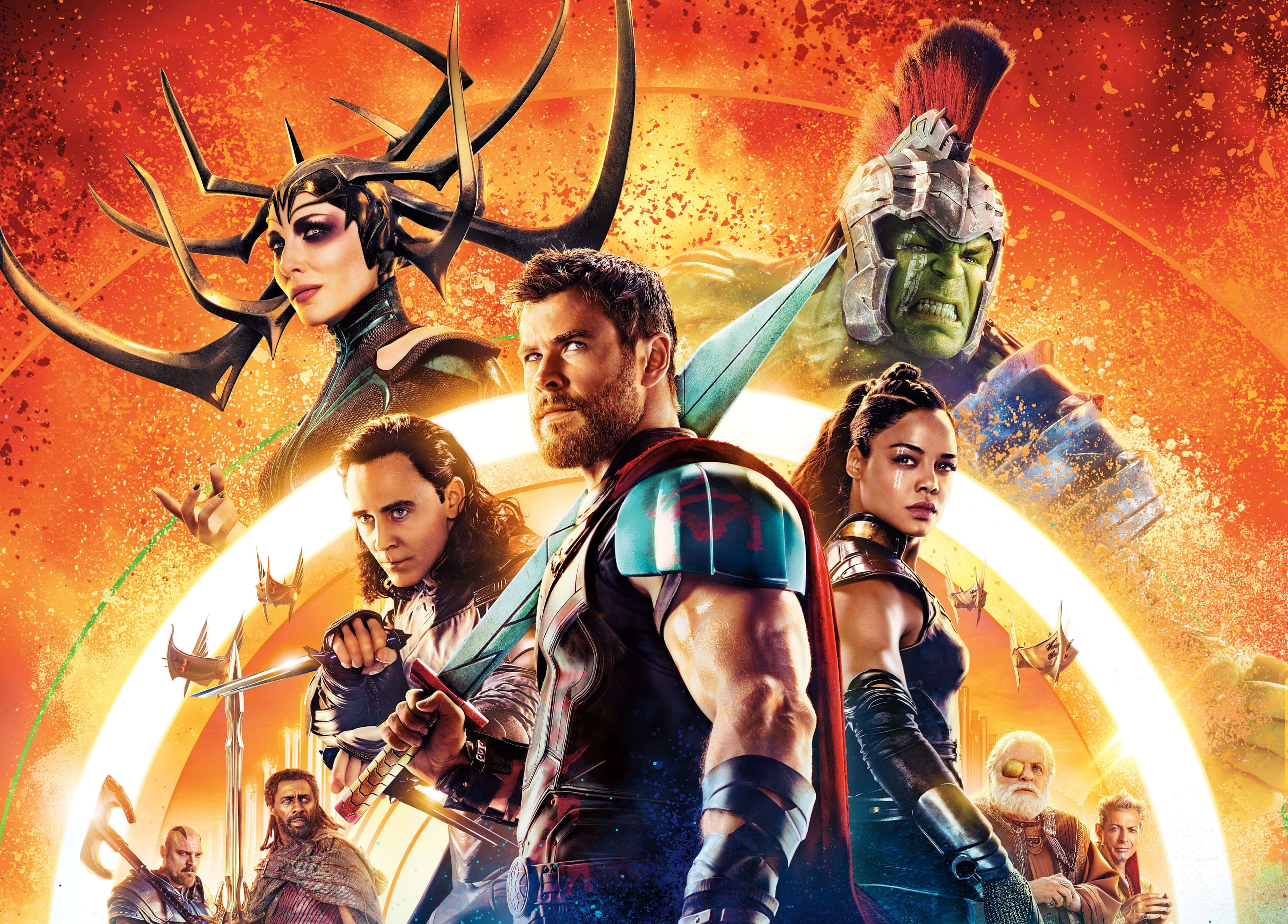 桌布 壁紙 — 一張熾熱的電影海報， featuring Thor、Loki、Hulk 和其他 Marvel 英雄，在發光的橙色宇宙背景下擺出動態的英雄姿勢。