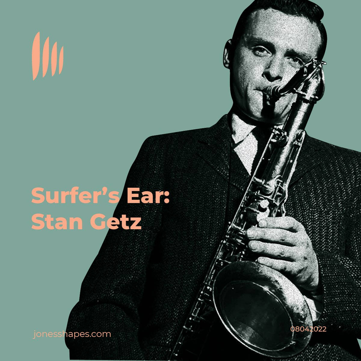 音樂 桌布 壁紙 — 一張爵士薩克斯風手 Stan Getz 在青綠色背景上演奏樂器的復古黑白肖像，附有桃色文字。