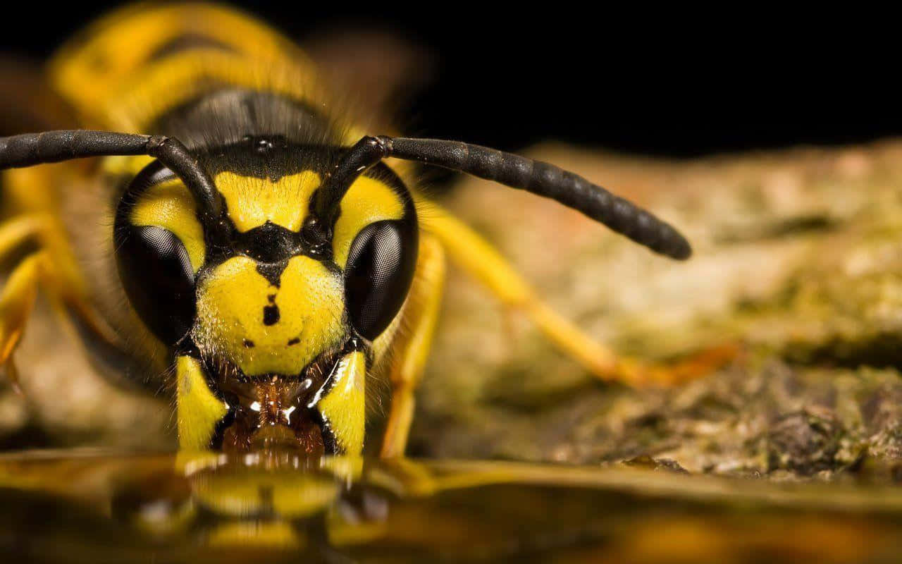 Insects 桌布 壁紙 — 一張特寫照片，一隻黃黑相間的黃蜂在深色背景下從有紋理的樹皮上的水坑中飲水。