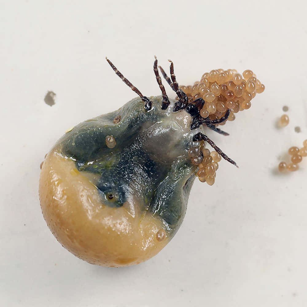 Macro 桌布 壁紙 — 一張特寫照片，顯示一隻吸滿血的蜱蟲，在純白色背景上抓著一團半透明的琥珀色卵。