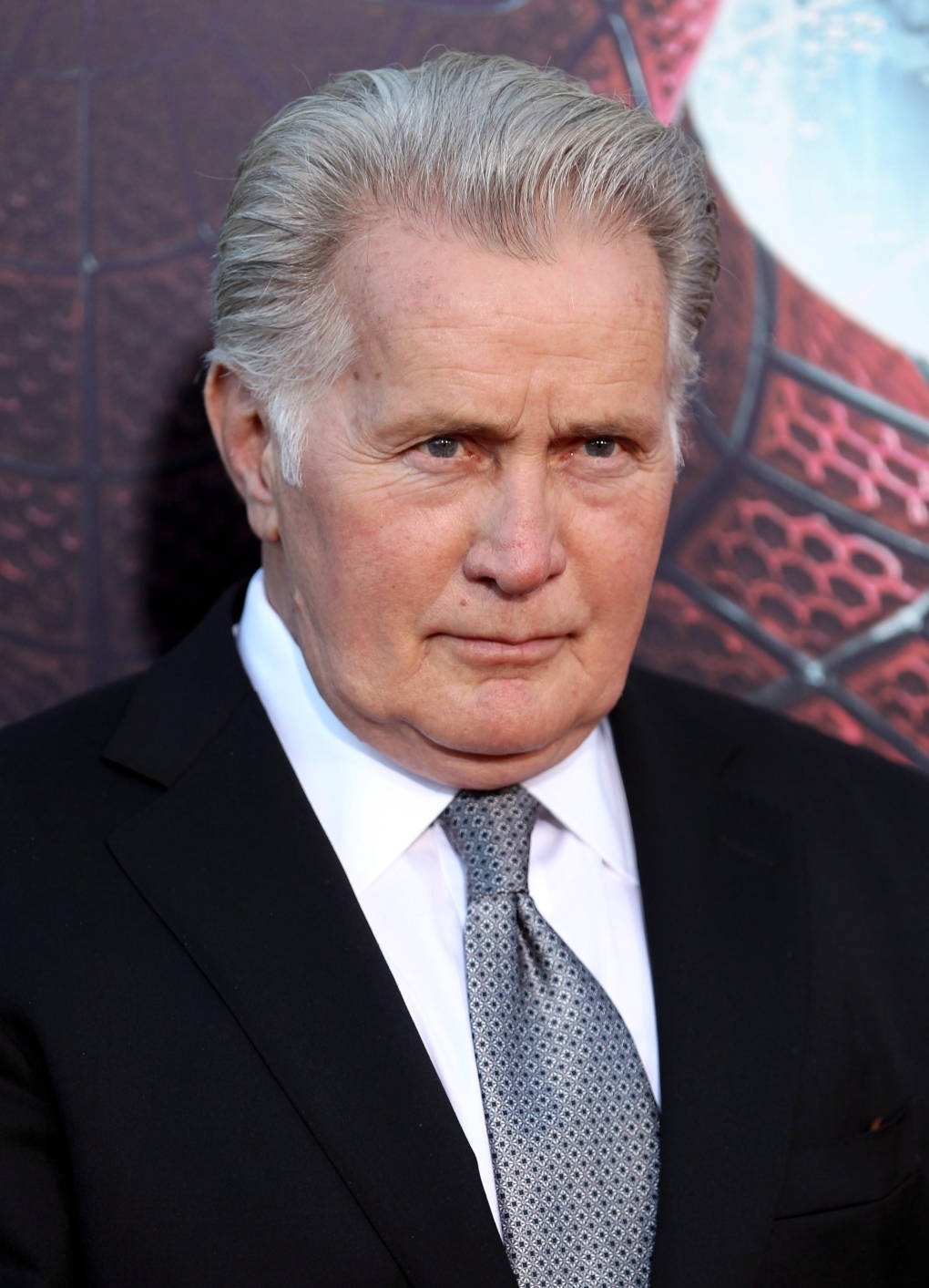 Celebrity 桌布 壁紙 — 一張特寫肖像照，一位灰髮男士身穿黑色西裝和圖案領帶，背景以蜘蛛人為主題。