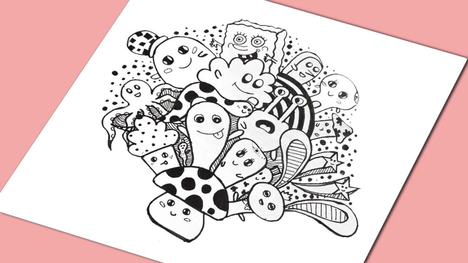 塗鴉動圖 桌布 壁紙 — 一張玩味的黑白塗鴉紙，上面有卡通角色和奇形怪狀的圖案，背景為粉紅色。