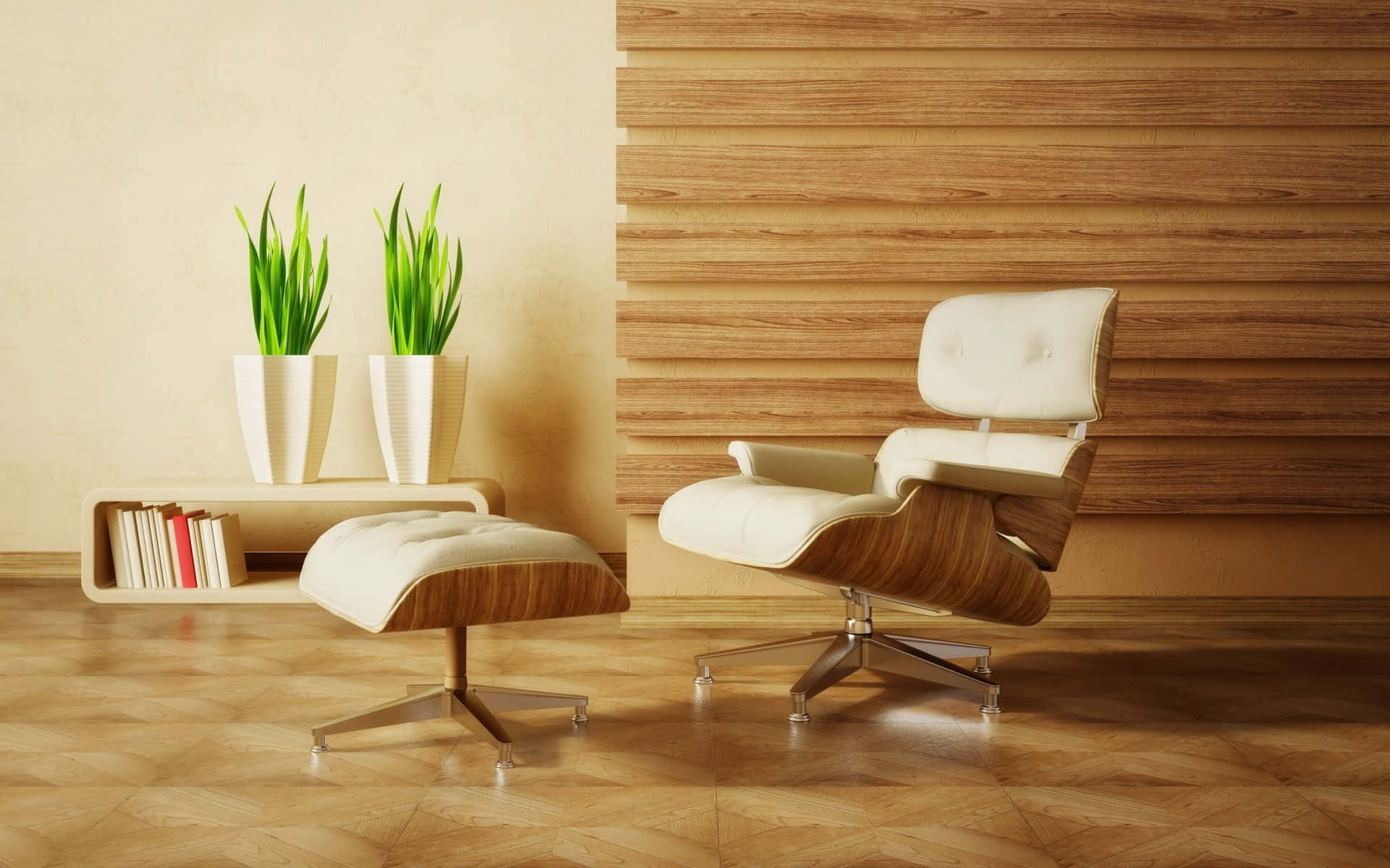 Interior Design 桌布 壁紙 — 一張現代休閒椅和腳凳，採用木材和奶油色軟墊，放置在極簡風格的房間內，房間有木質牆壁和地板，兩側有盆栽植物和書架。