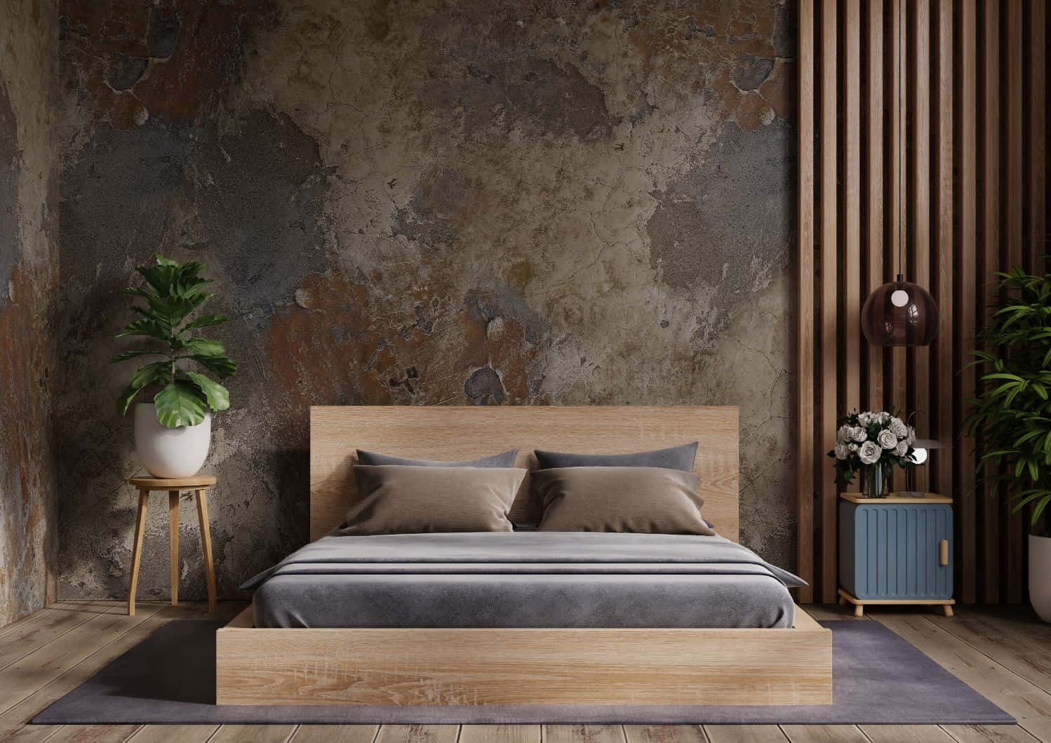 Wall Painting 桌布 壁紙 — 一張現代木床搭配灰色寢具，位於帶有紋理混凝土牆和木條裝飾的質樸臥室中。