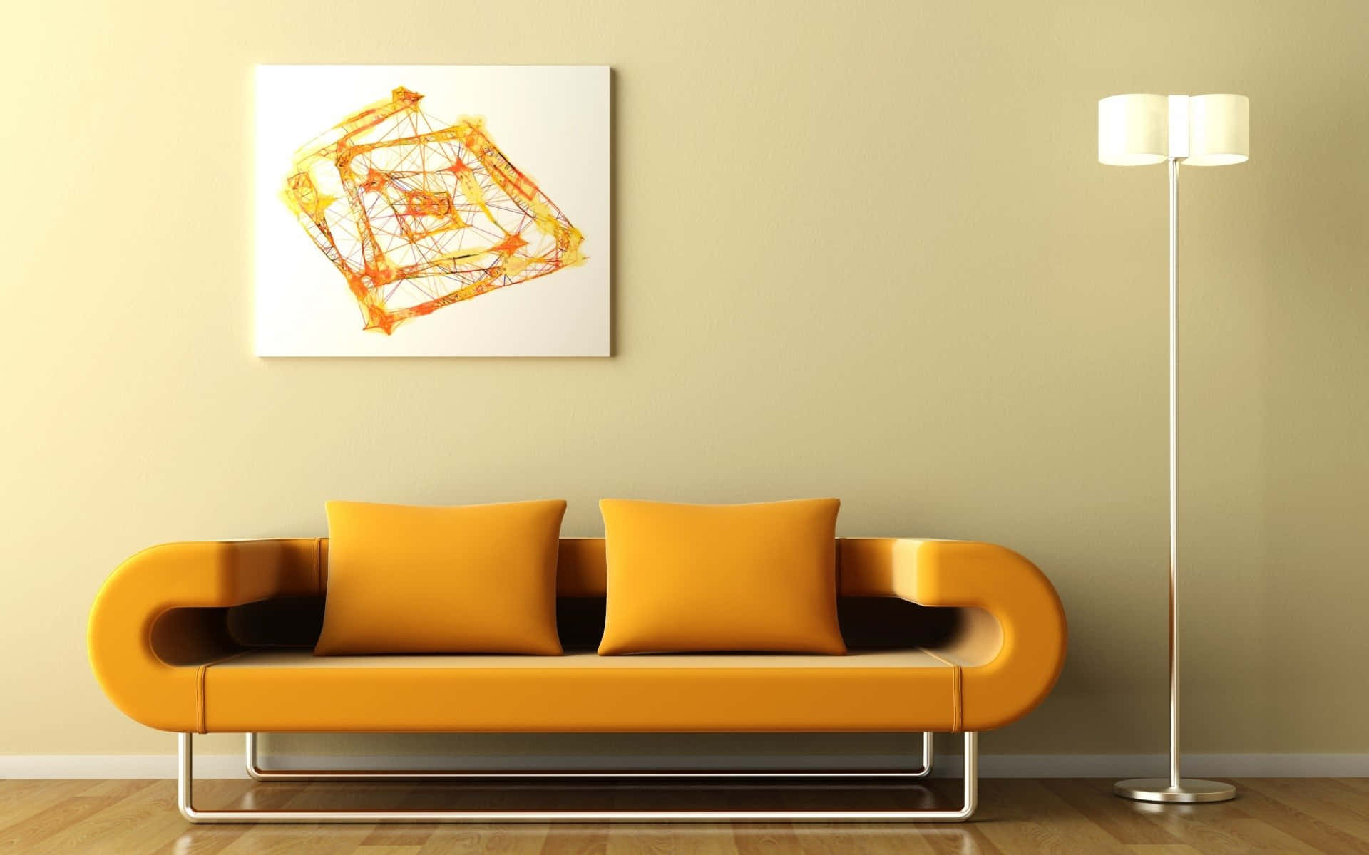Living Room 桌布 壁紙 — 一張現代橙色沙發搭配相襯的靠墊，放置於一幅幾何抽象畫下方，身處一個設有高落地燈的簡約客廳中。