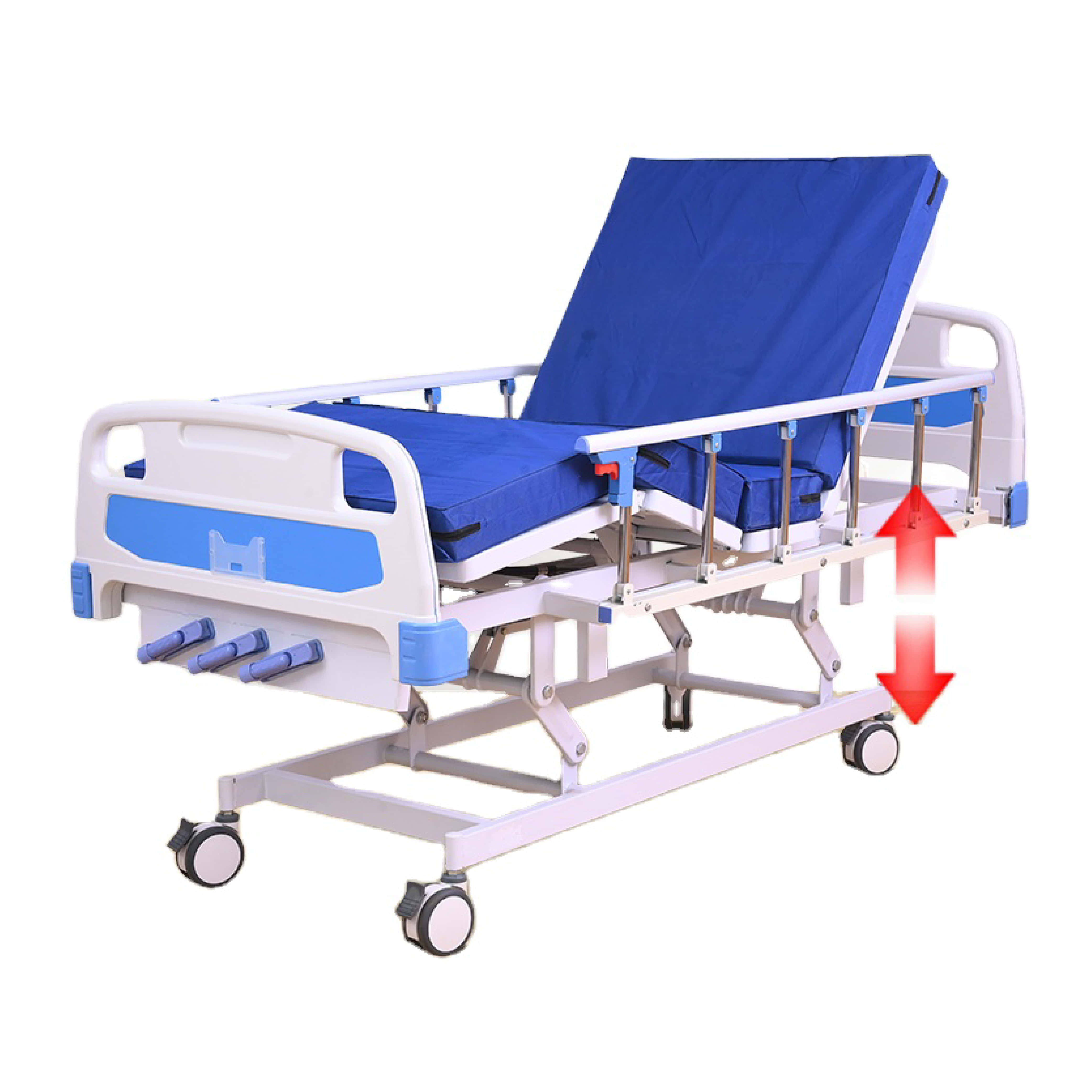Hospital 桌布 壁紙 — 一張現代醫院病床，配有藍色床墊和白色車輪框架，置於純白色背景前。