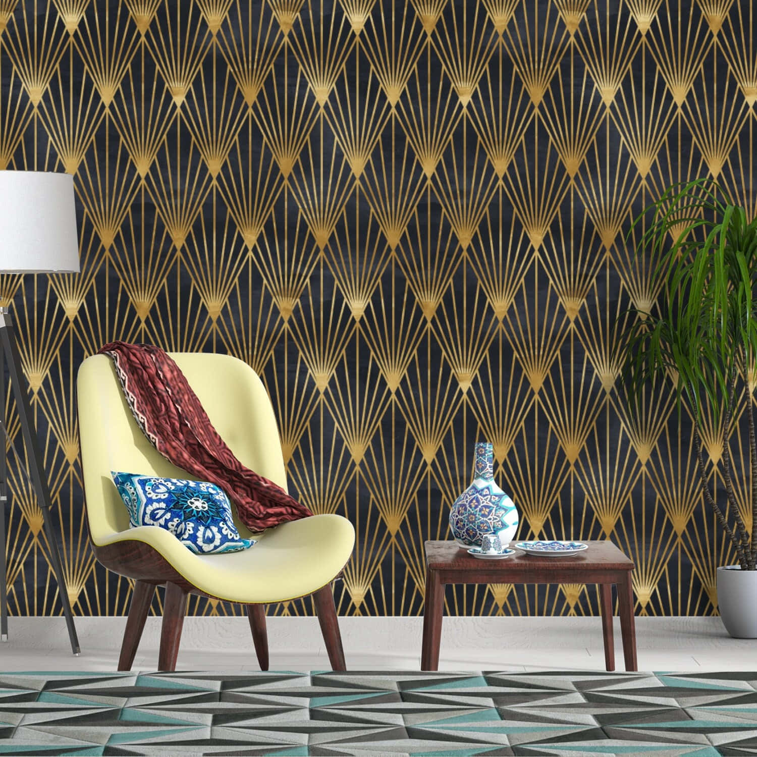 Interior Design 桌布 壁紙 — 一張現代黃色椅子，配有紅色毛毯和藍色枕頭，放在大膽的金色和黑色裝飾藝術壁紙前。