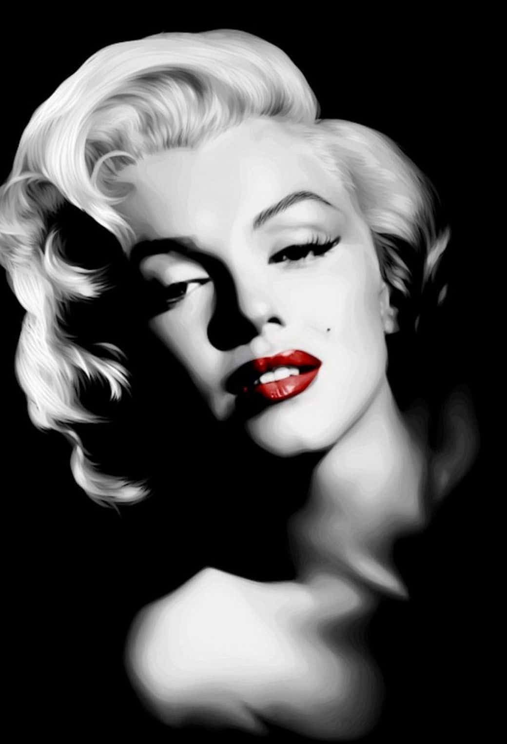 Marilyn Monroe iPhone 桌布 壁紙 — 一張瑪麗蓮夢露的黑白肖像，以深色背景襯托出大膽的紅唇和戲劇性的燈光效果。
